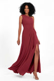 One Shoulder Zipper Chiffon Bridesmaid Dresses with Slit Long Formal Evening Dress Gowns