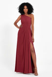 One Shoulder Zipper Chiffon Bridesmaid Dresses with Slit Long Formal Evening Dress Gowns