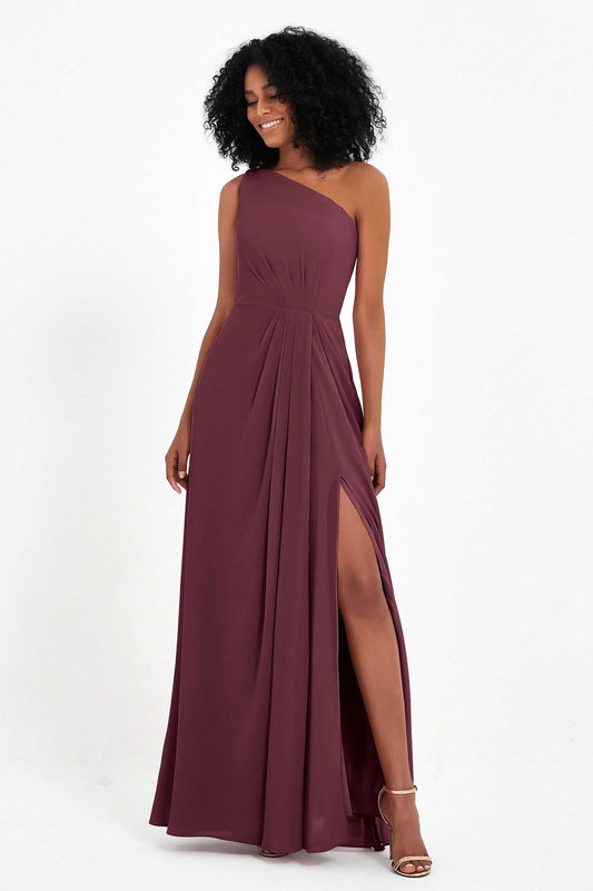 One Shoulder Zipper Chiffon Bridesmaid Dresses with Slit Long Formal Evening Dress Gowns