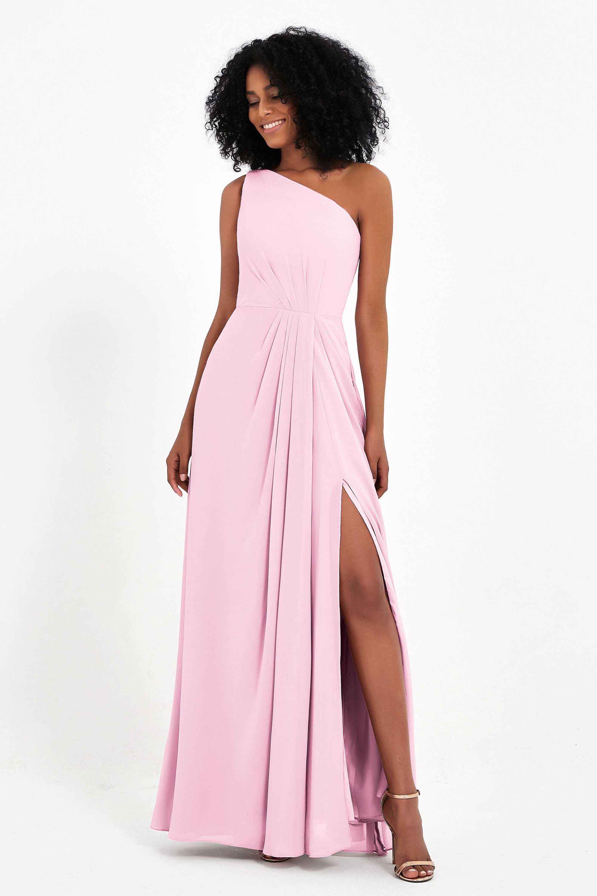 One Shoulder Zipper Chiffon Bridesmaid Dresses with Slit Long Formal Evening Dress Gowns