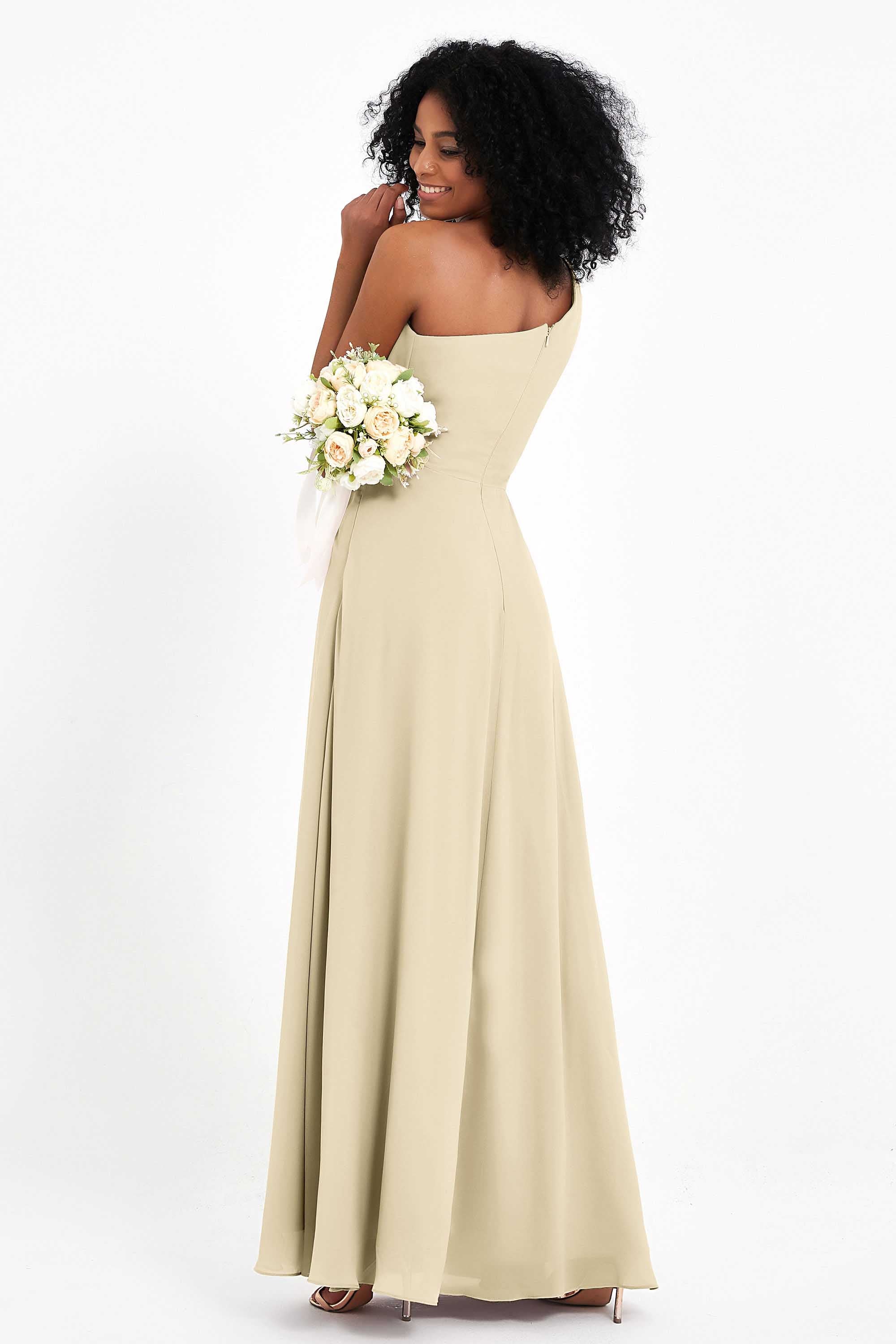One Shoulder Zipper Chiffon Bridesmaid Dresses with Slit Long Formal Evening Dress Gowns