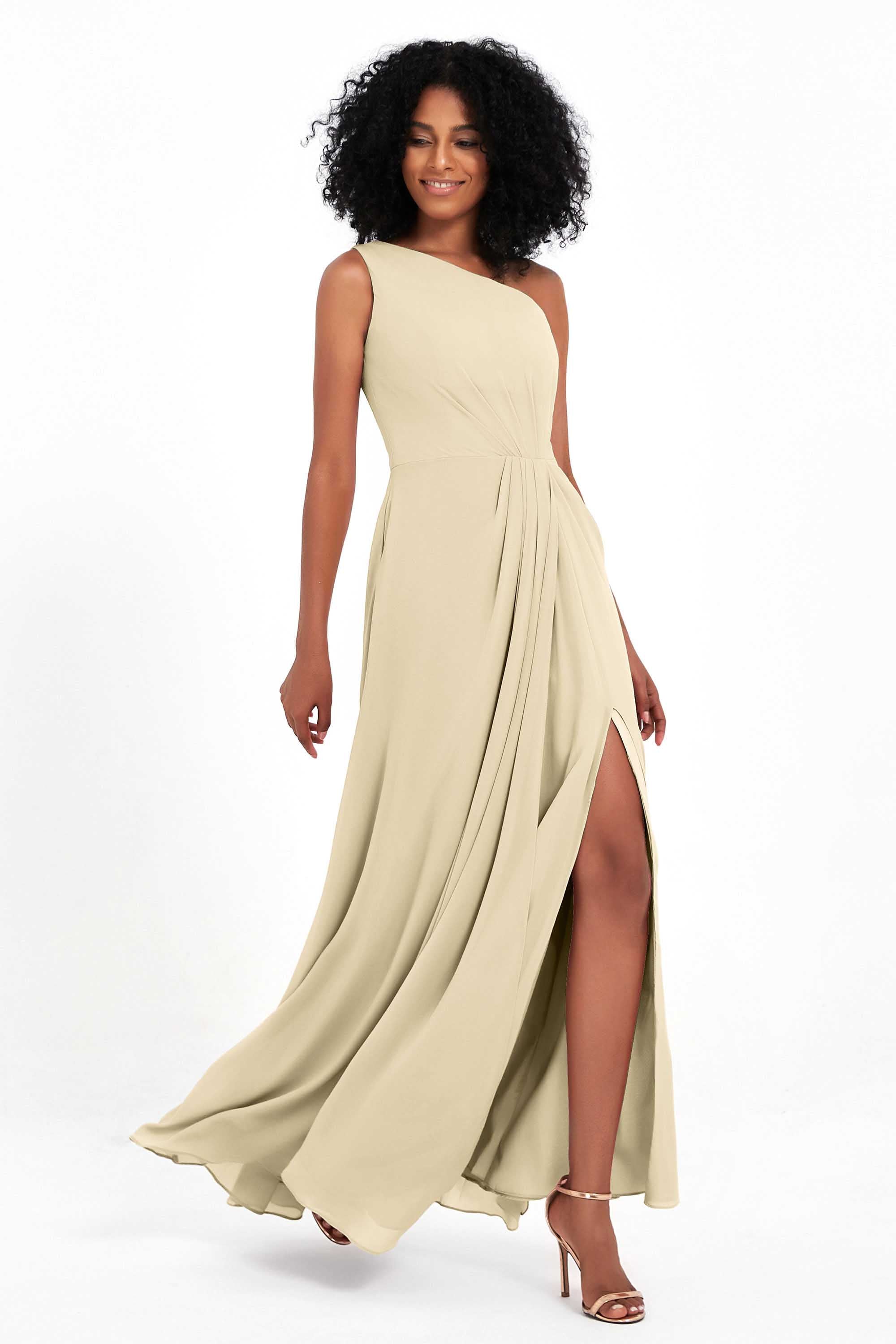 One Shoulder Zipper Chiffon Bridesmaid Dresses with Slit Long Formal Evening Dress Gowns