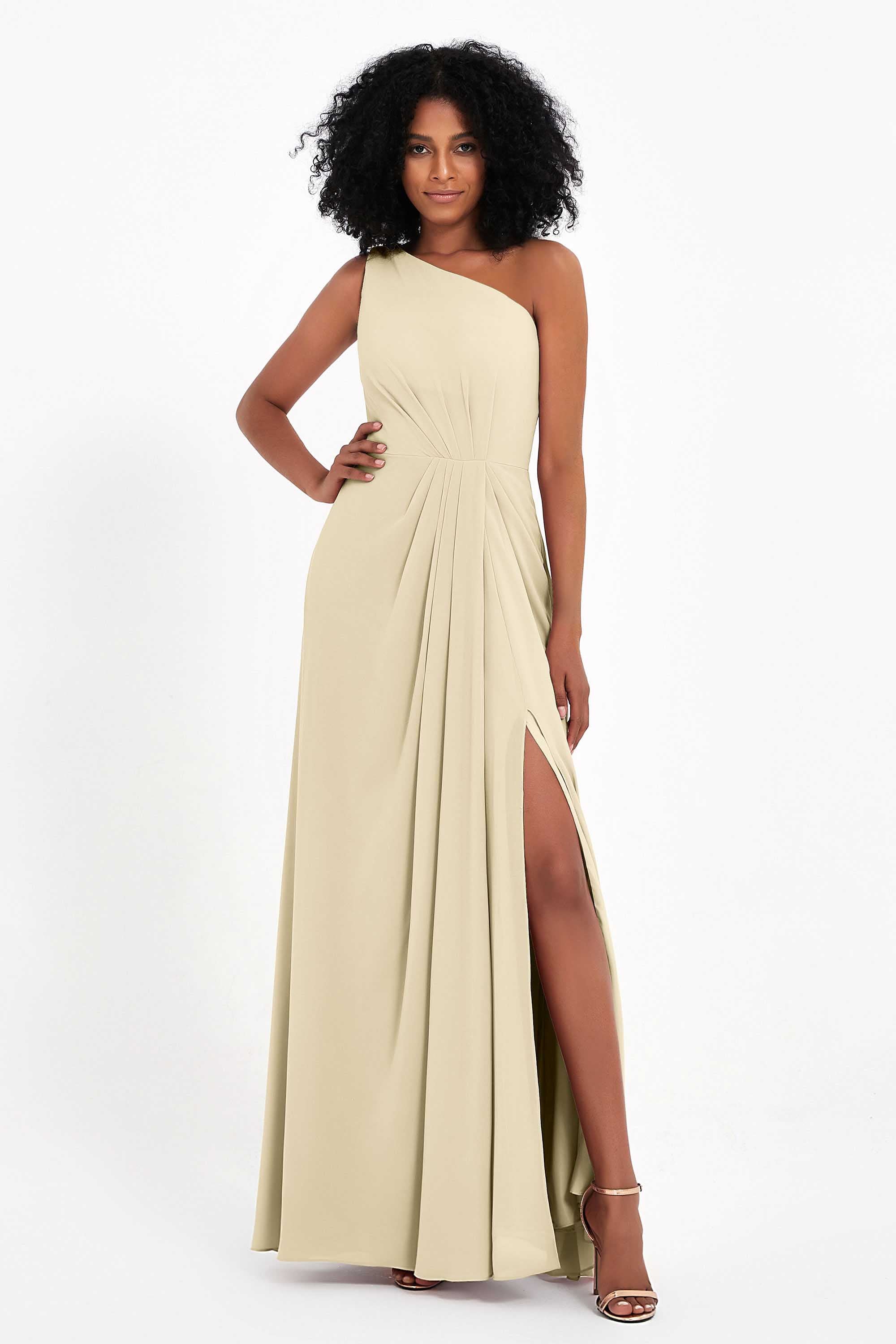One Shoulder Zipper Chiffon Bridesmaid Dresses with Slit Long Formal Evening Dress Gowns