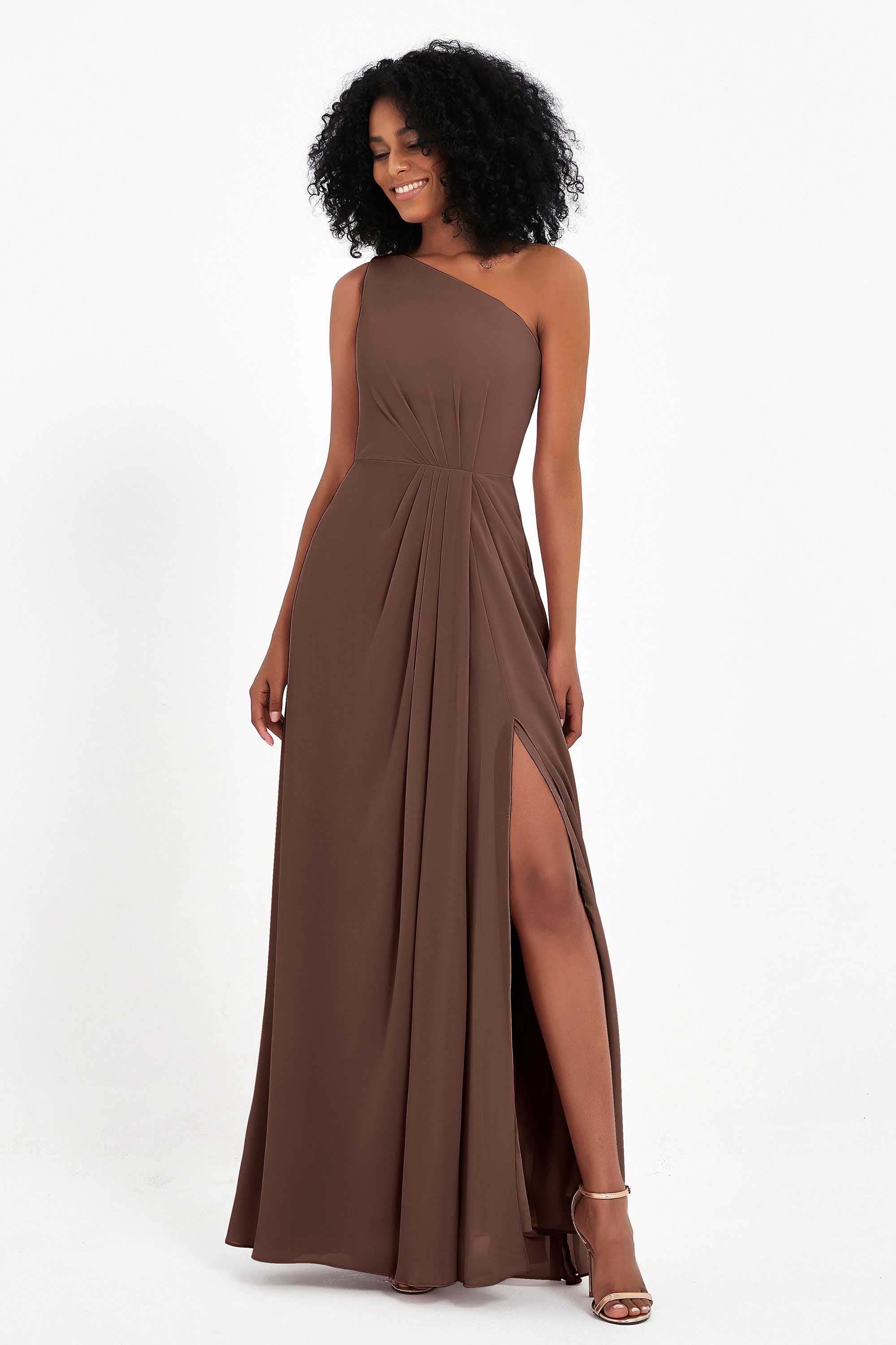 One Shoulder Zipper Chiffon Bridesmaid Dresses with Slit Long Formal Evening Dress Gowns