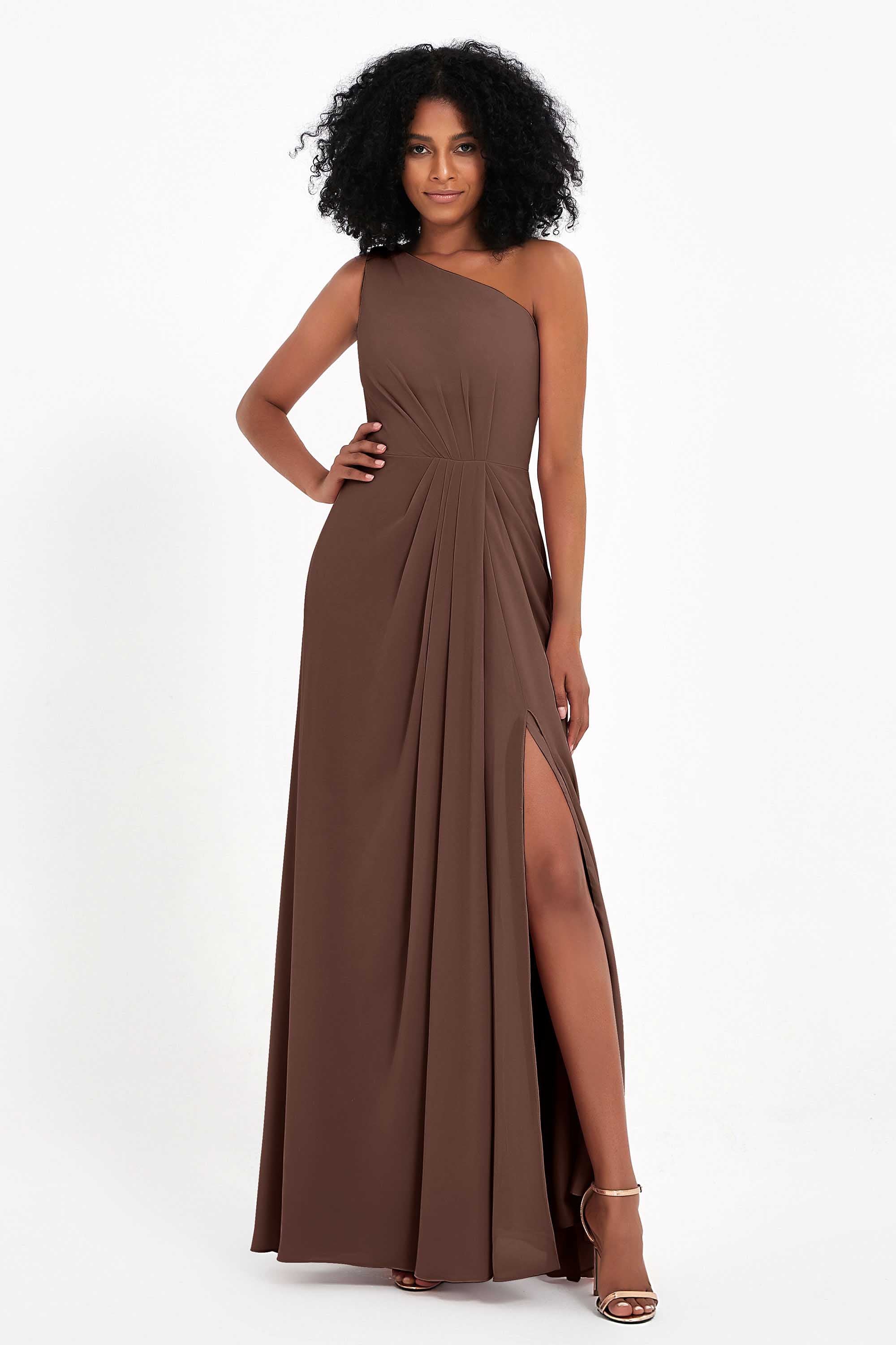 One Shoulder Zipper Chiffon Bridesmaid Dresses with Slit Long Formal Evening Dress Gowns