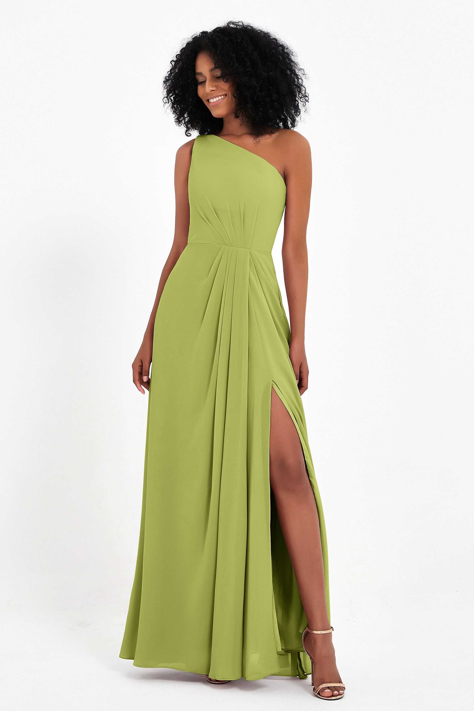 One Shoulder Zipper Chiffon Bridesmaid Dresses with Slit Long Formal Evening Dress Gowns
