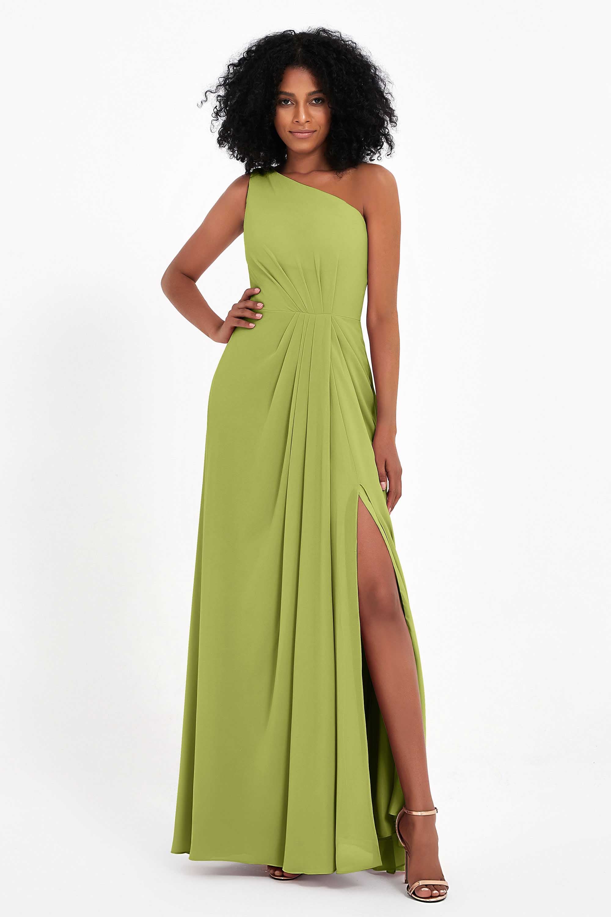 One Shoulder Zipper Chiffon Bridesmaid Dresses with Slit Long Formal Evening Dress Gowns