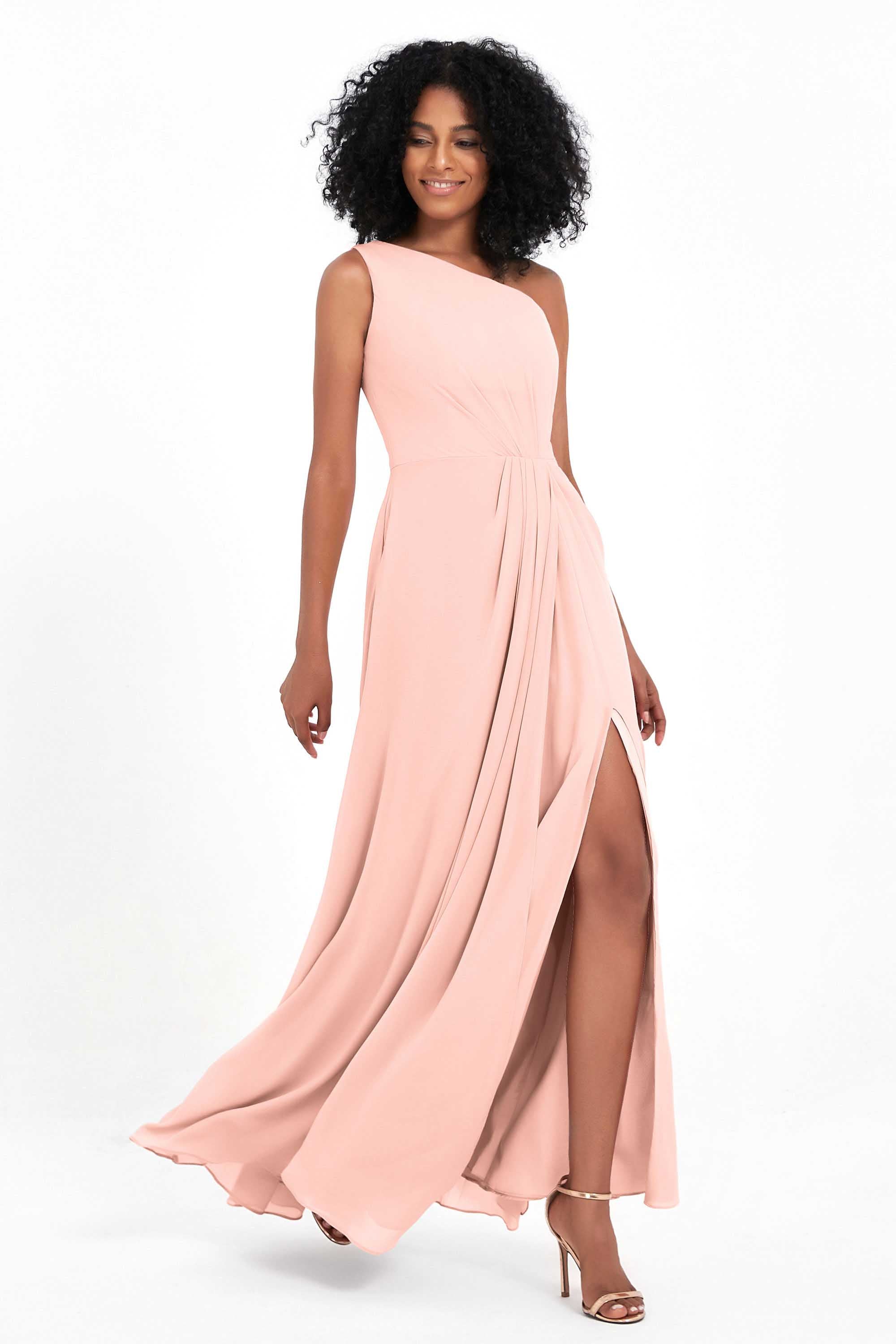 One Shoulder Zipper Chiffon Bridesmaid Dresses with Slit Long Formal Evening Dress Gowns