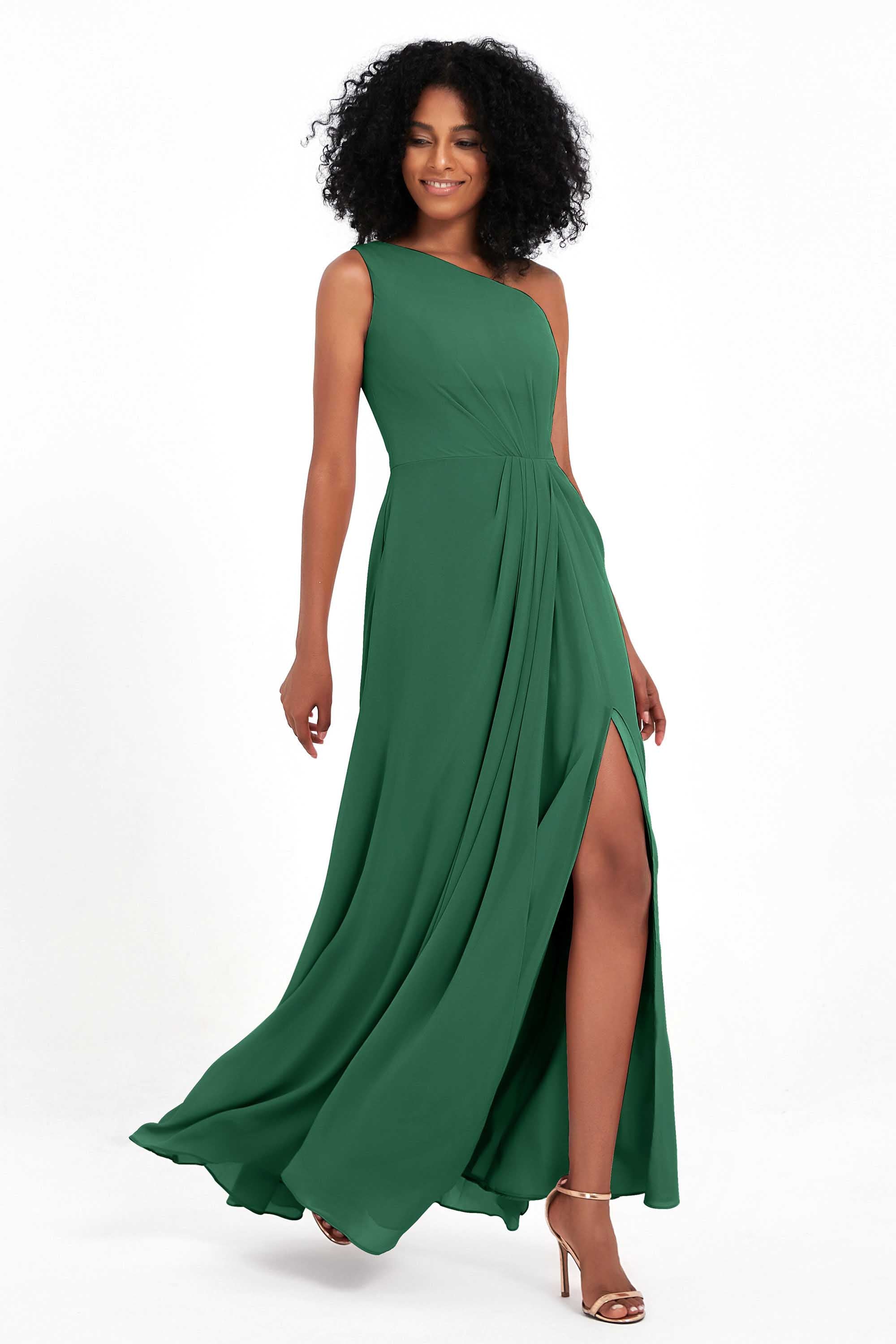 One Shoulder Zipper Chiffon Bridesmaid Dresses with Slit Long Formal Evening Dress Gowns