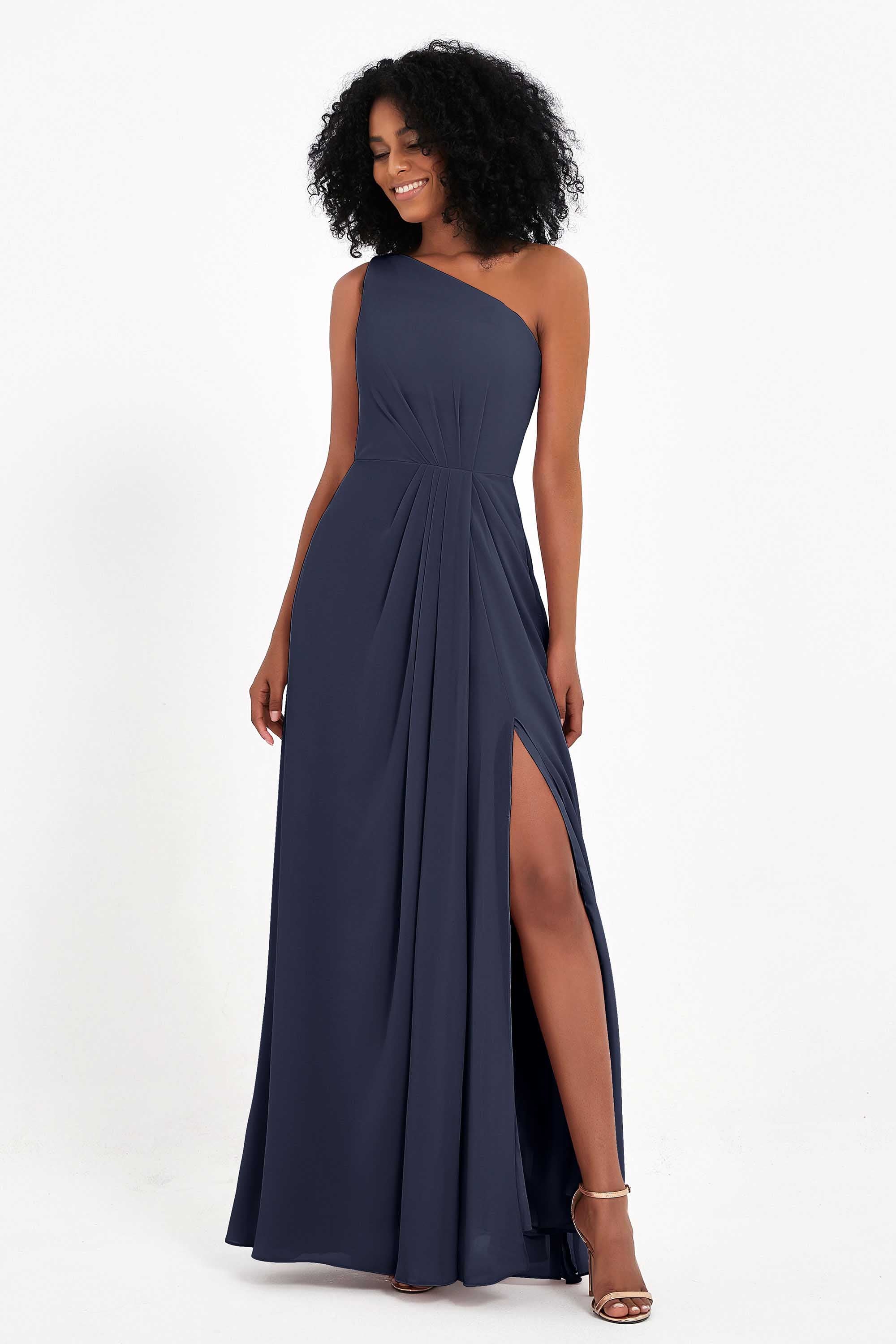 One Shoulder Zipper Chiffon Bridesmaid Dresses with Slit Long Formal Evening Dress Gowns
