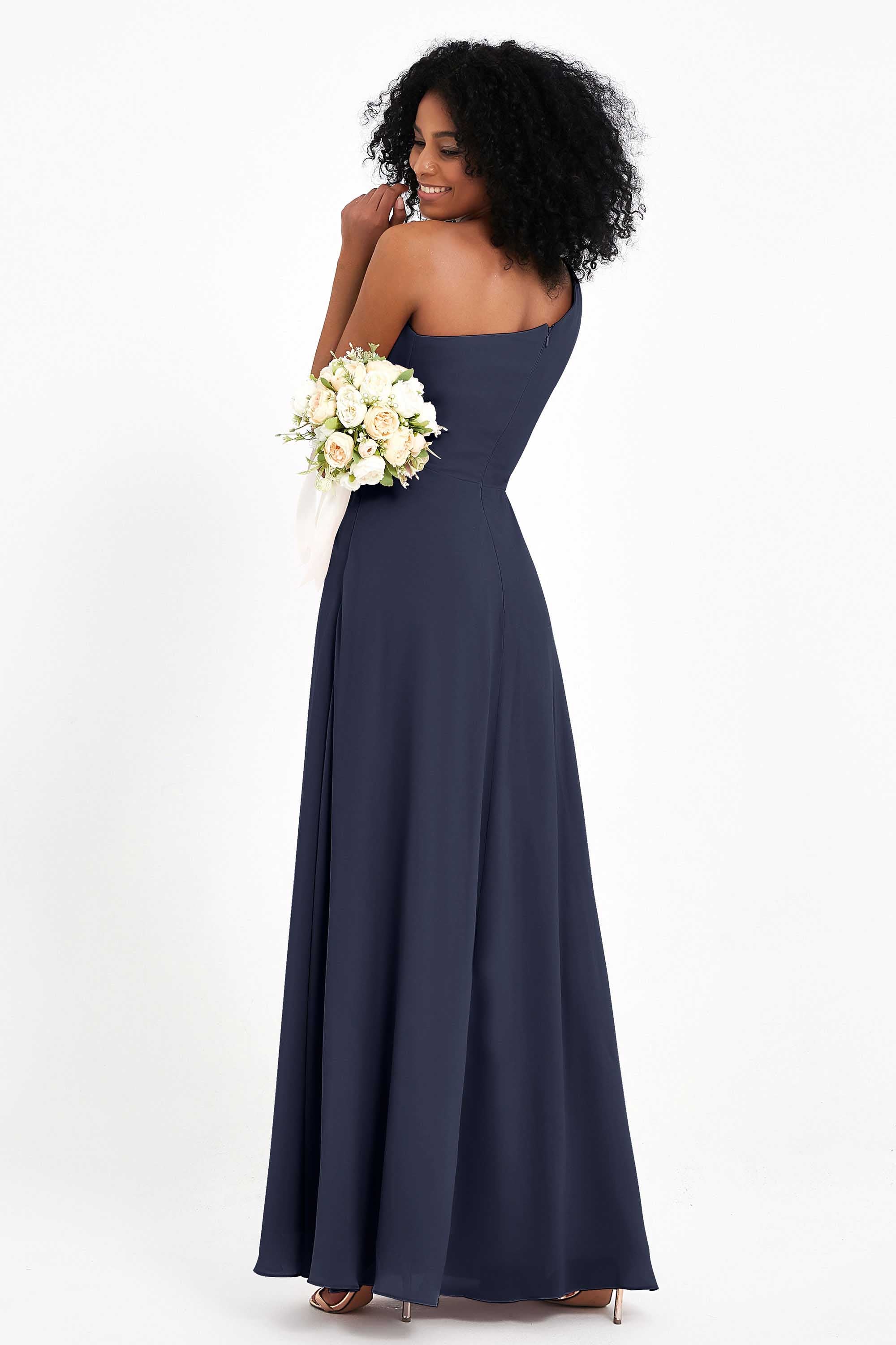One Shoulder Zipper Chiffon Bridesmaid Dresses with Slit Long Formal Evening Dress Gowns