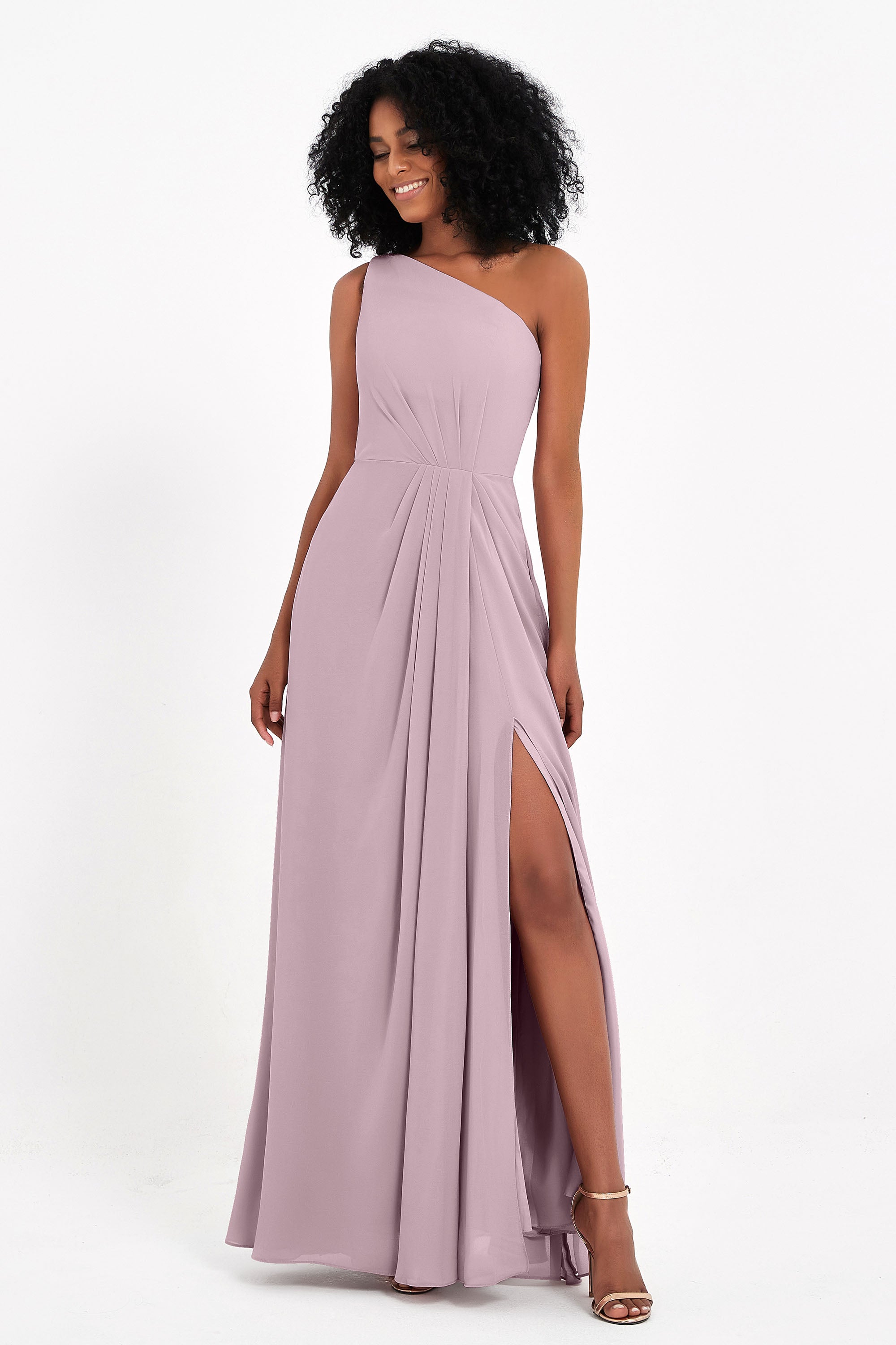 One Shoulder Zipper Chiffon Bridesmaid Dresses with Slit Long Formal Evening Dress Gowns