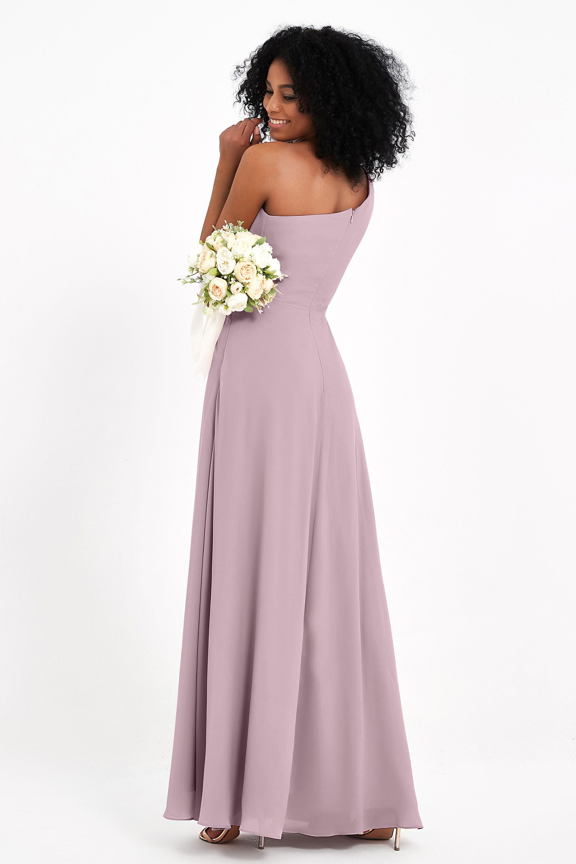One Shoulder Zipper Chiffon Bridesmaid Dresses with Slit Long Formal Evening Dress Gowns