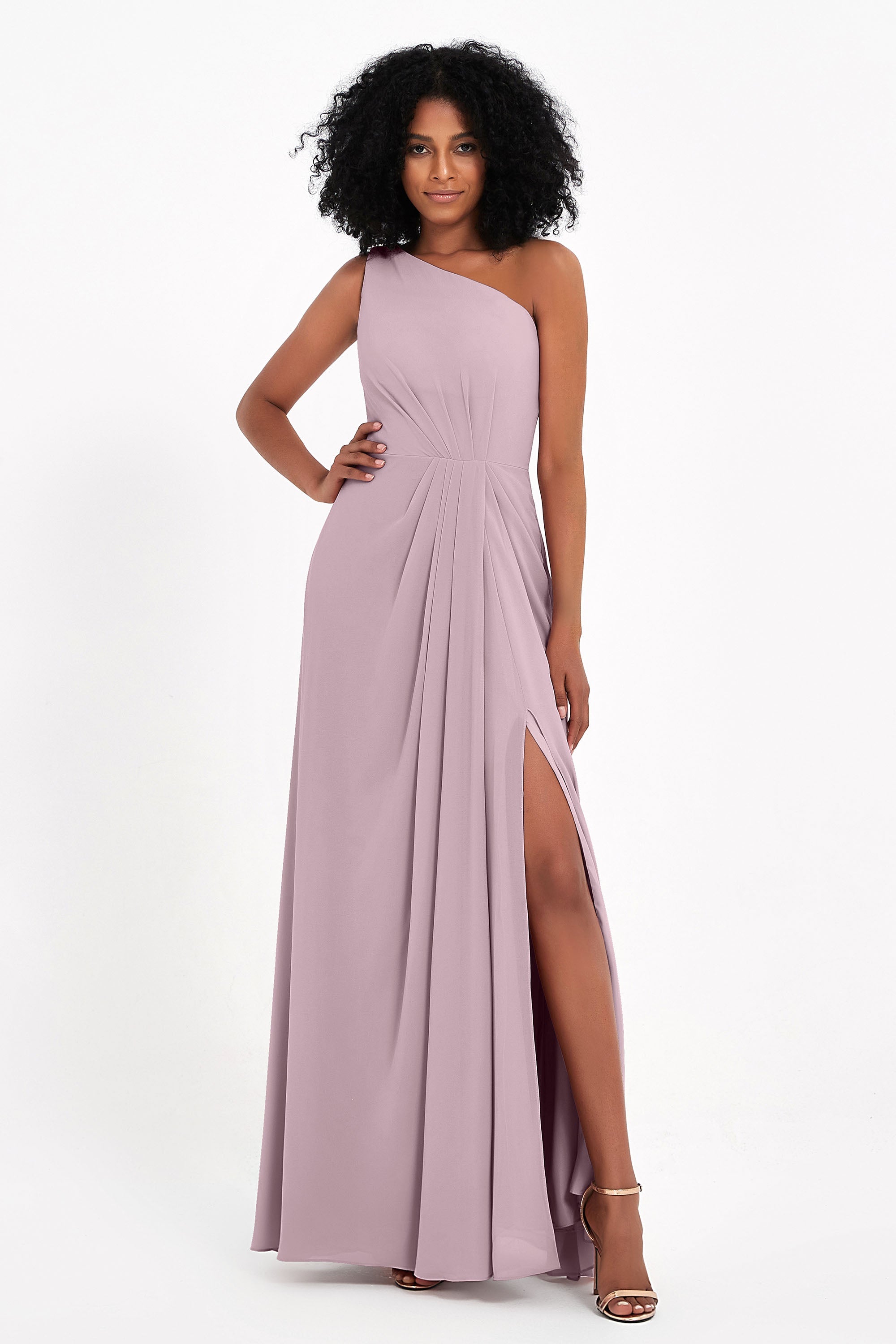 One Shoulder Zipper Chiffon Bridesmaid Dresses with Slit Long Formal Evening Dress Gowns