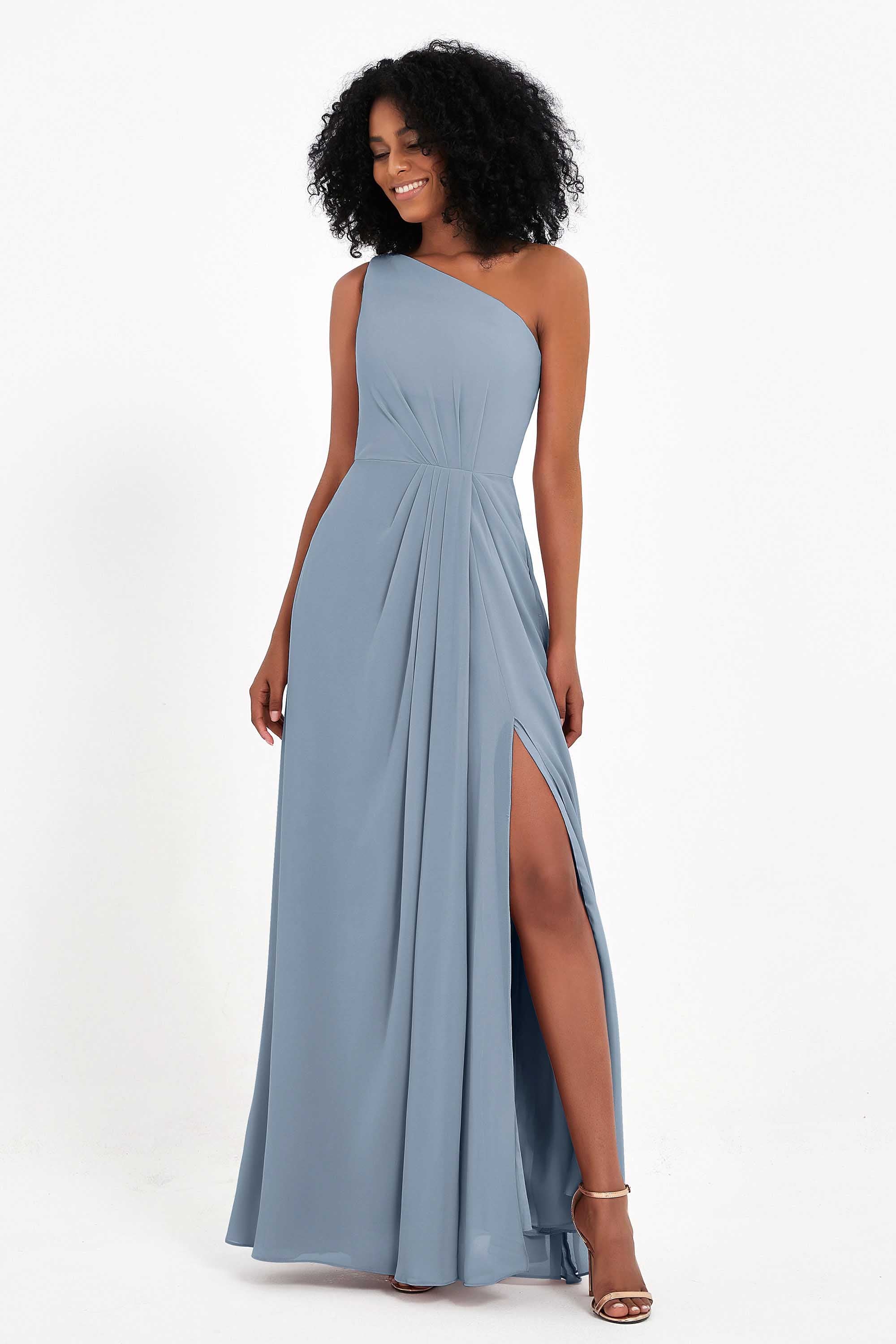 One Shoulder Zipper Chiffon Bridesmaid Dresses with Slit Long Formal Evening Dress Gowns