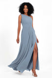 One Shoulder Zipper Chiffon Bridesmaid Dresses with Slit Long Formal Evening Dress Gowns