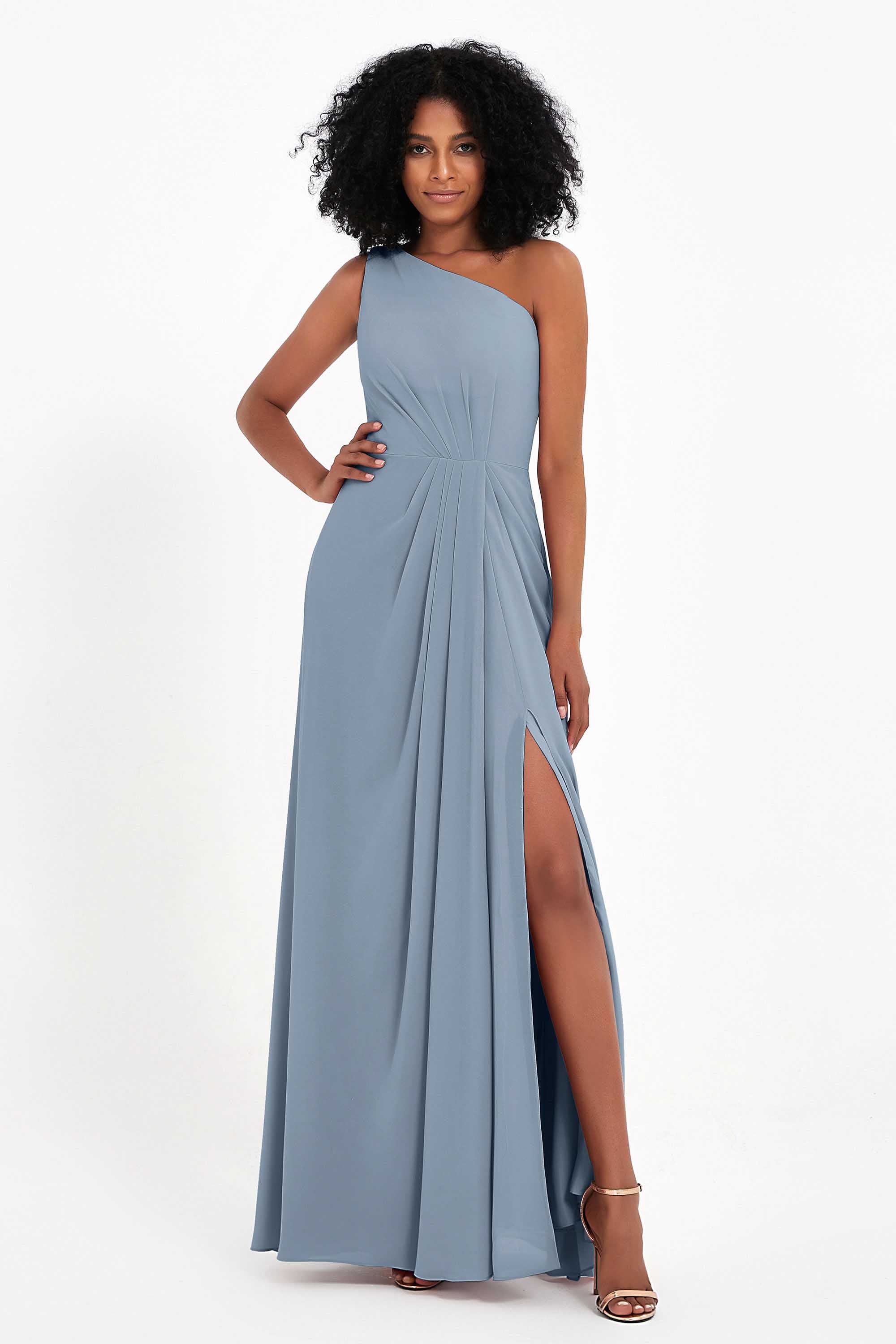One Shoulder Zipper Chiffon Bridesmaid Dresses with Slit Long Formal Evening Dress Gowns