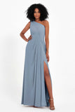 One Shoulder Zipper Chiffon Bridesmaid Dresses with Slit Long Formal Evening Dress Gowns