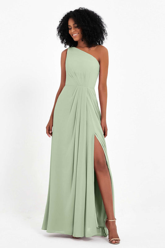 One Shoulder Zipper Chiffon Bridesmaid Dresses with Slit Long Formal Evening Dress Gowns