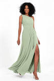 One Shoulder Zipper Chiffon Bridesmaid Dresses with Slit Long Formal Evening Dress Gowns