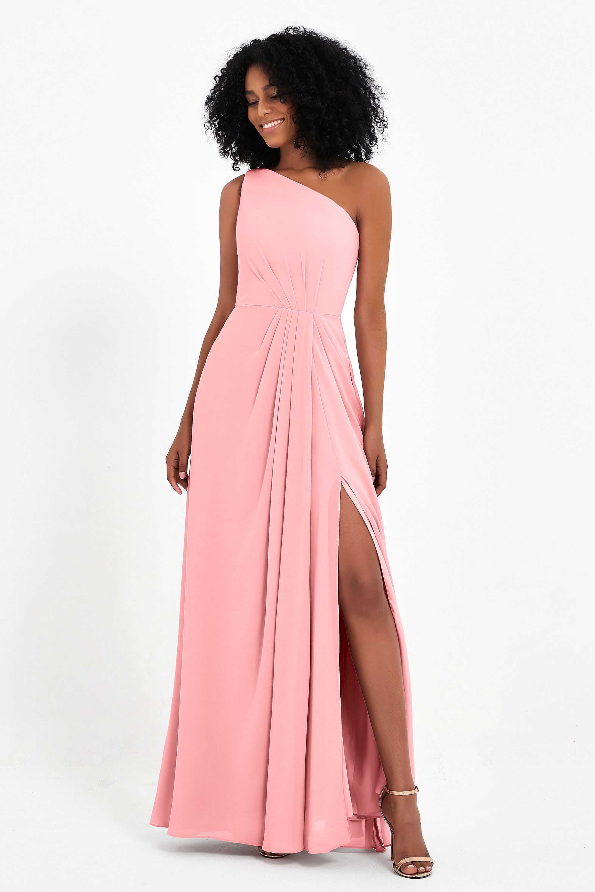 One Shoulder Zipper Chiffon Bridesmaid Dresses with Slit Long Formal Evening Dress Gowns