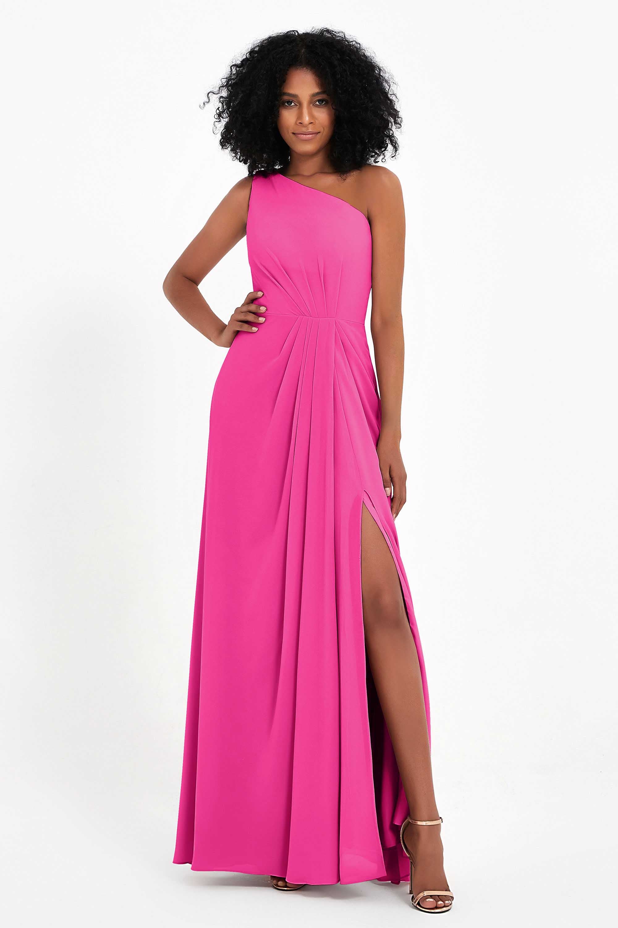 One Shoulder Zipper Chiffon Bridesmaid Dresses with Slit Long Formal Evening Dress Gowns