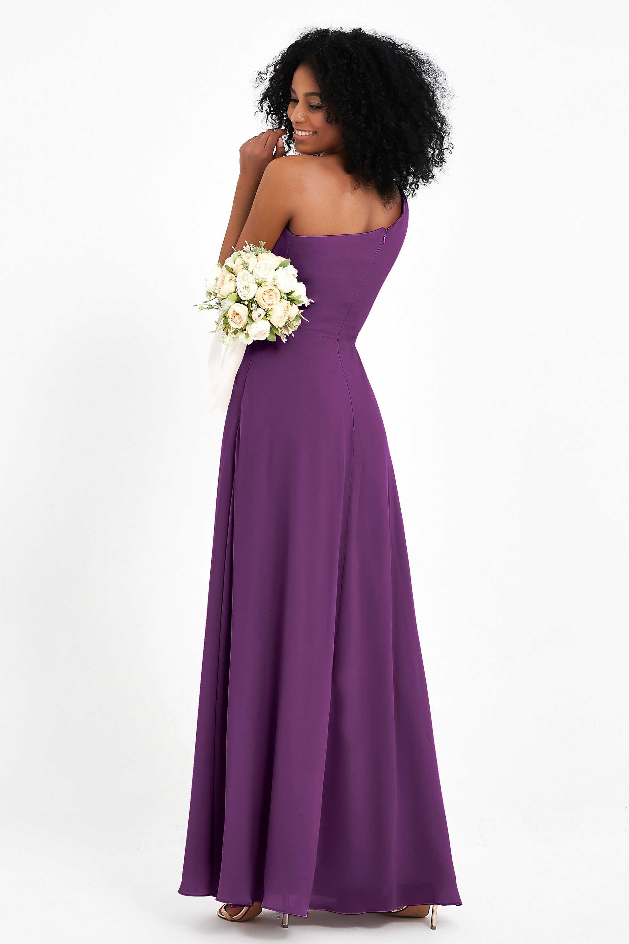 One Shoulder Zipper Chiffon Bridesmaid Dresses with Slit Long Formal Evening Dress Gowns