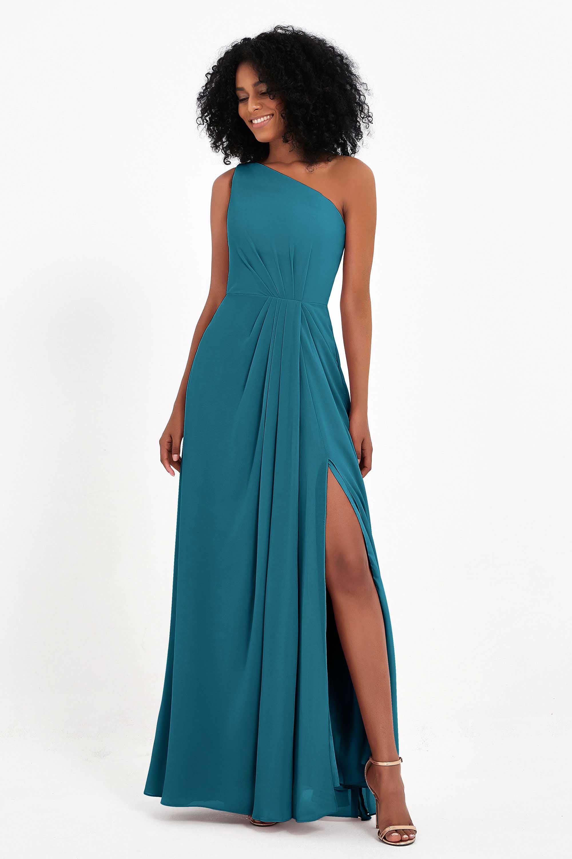 One Shoulder Zipper Chiffon Bridesmaid Dresses with Slit Long Formal Evening Dress Gowns
