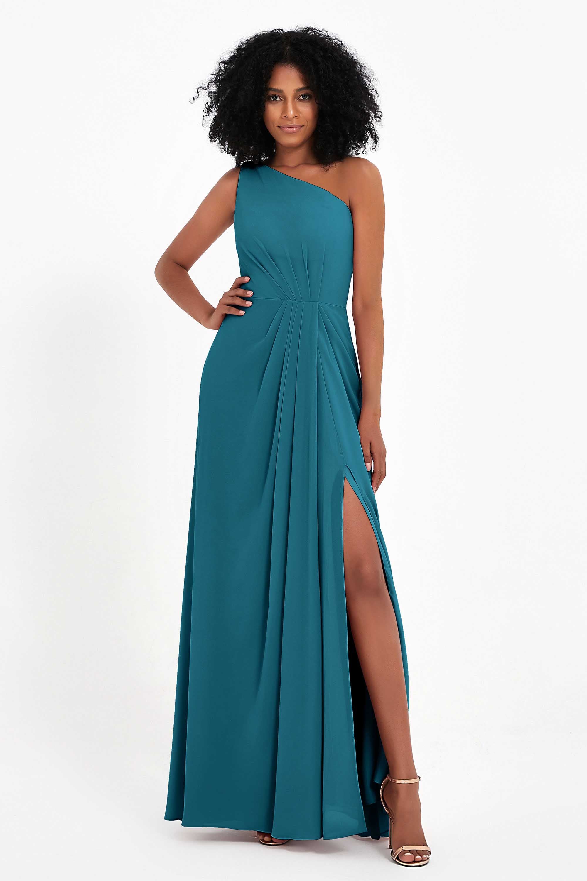 One Shoulder Zipper Chiffon Bridesmaid Dresses with Slit Long Formal Evening Dress Gowns