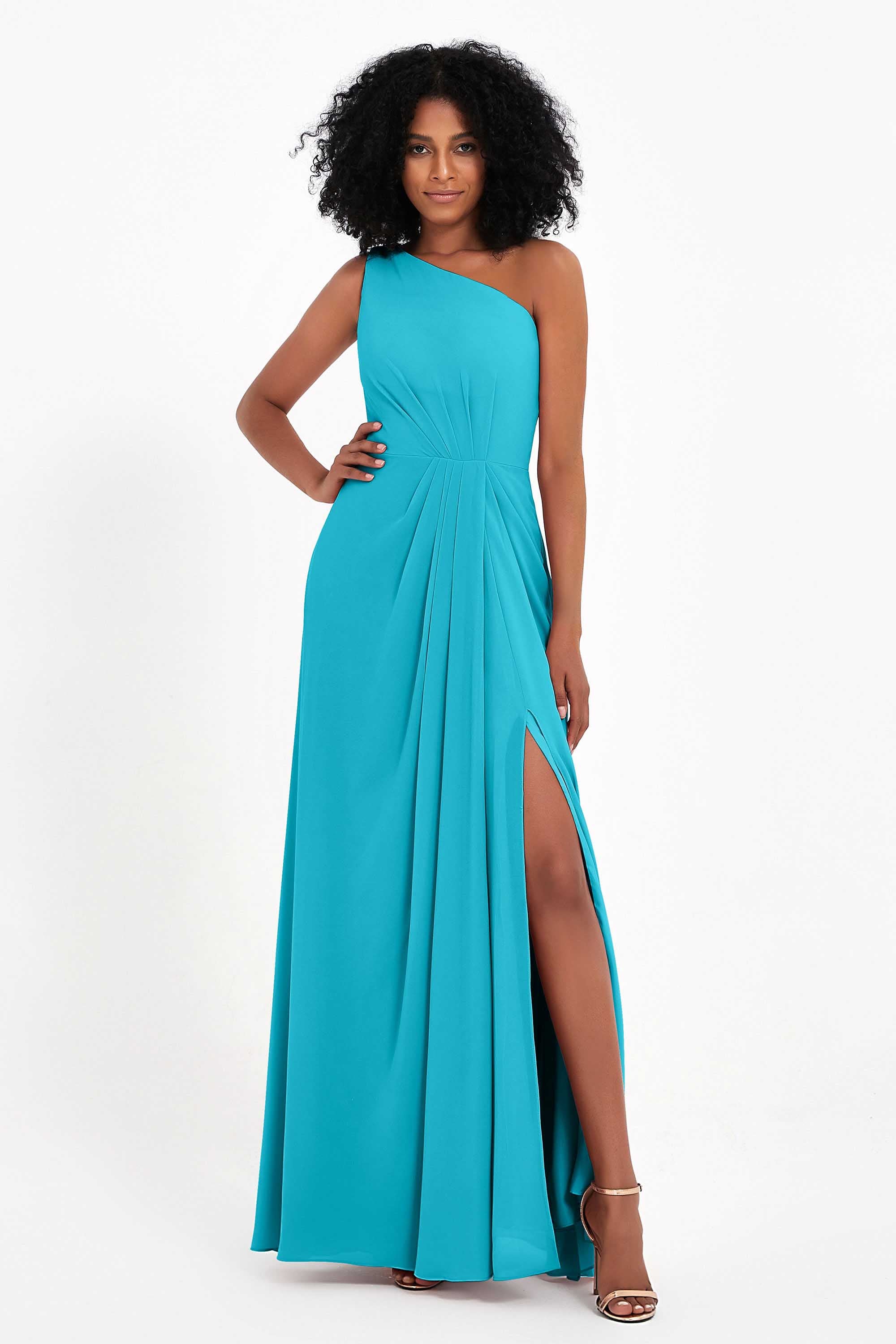 One Shoulder Zipper Chiffon Bridesmaid Dresses with Slit Long Formal Evening Dress Gowns