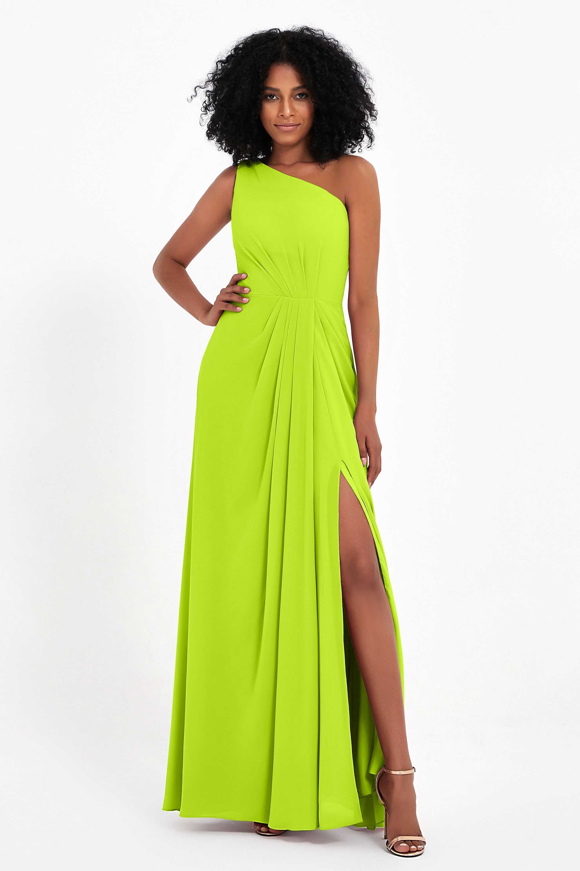 One Shoulder Zipper Chiffon Bridesmaid Dresses with Slit Long Formal Evening Dress Gowns