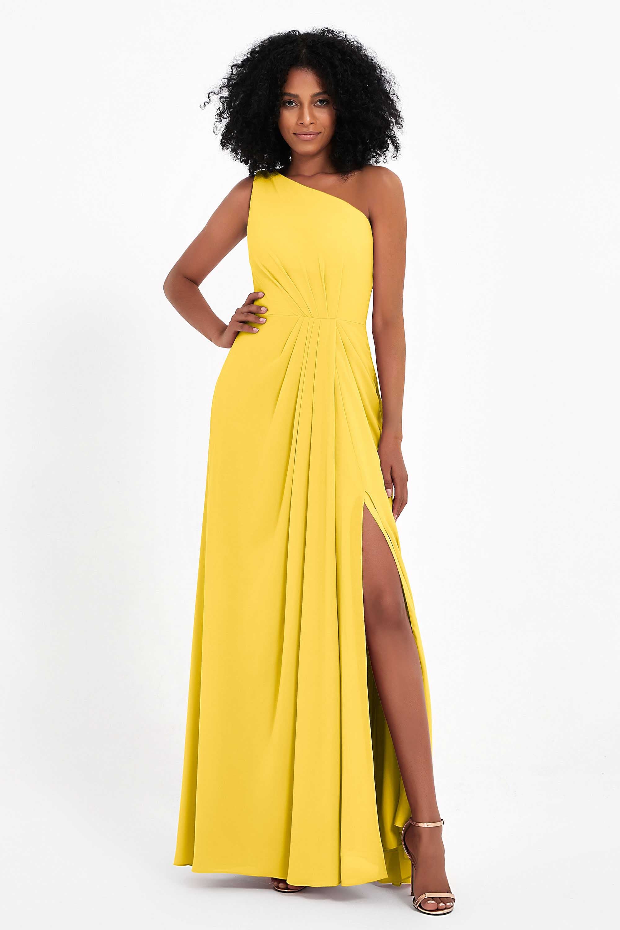 One Shoulder Zipper Chiffon Bridesmaid Dresses with Slit Long Formal Evening Dress Gowns