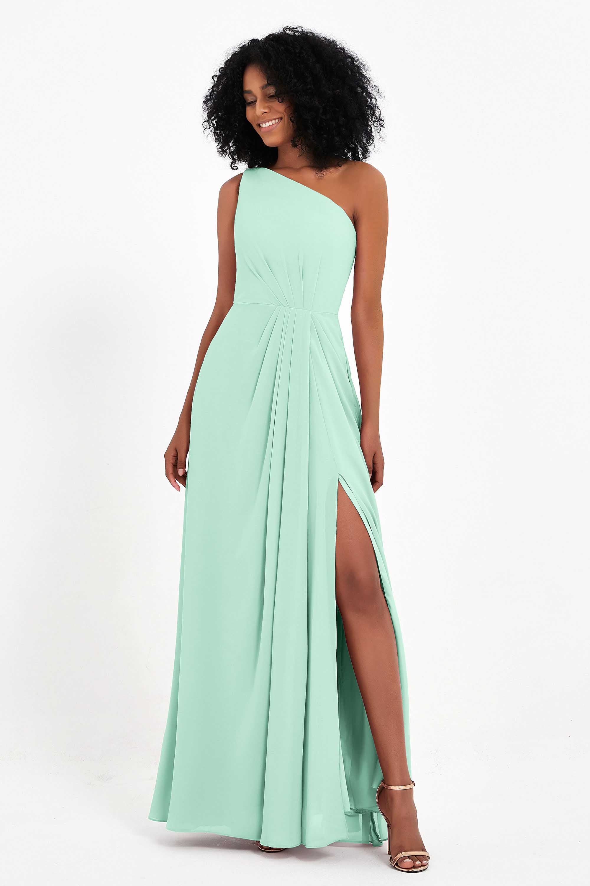 One Shoulder Zipper Chiffon Bridesmaid Dresses with Slit Long Formal Evening Dress Gowns