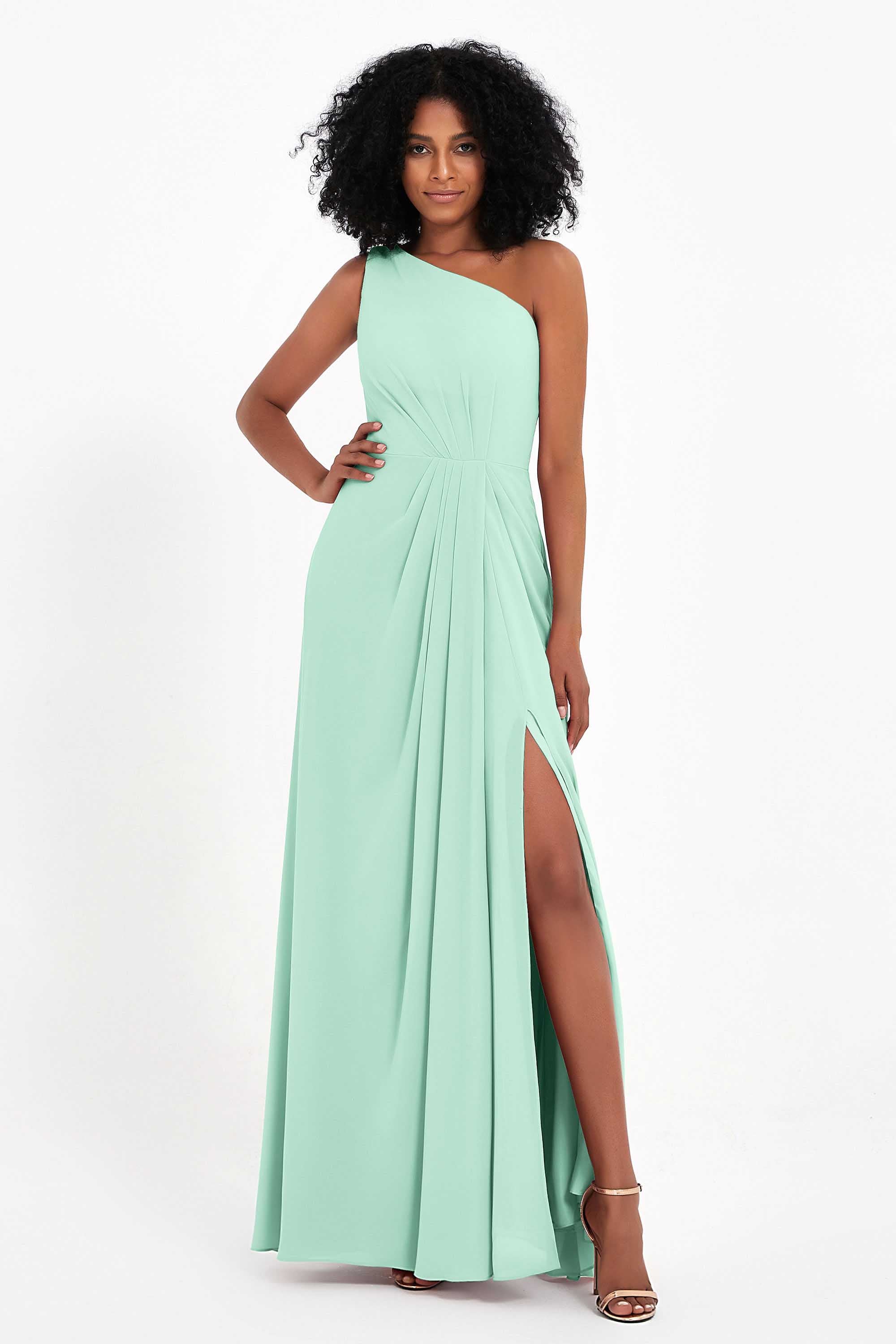 One Shoulder Zipper Chiffon Bridesmaid Dresses with Slit Long Formal Evening Dress Gowns