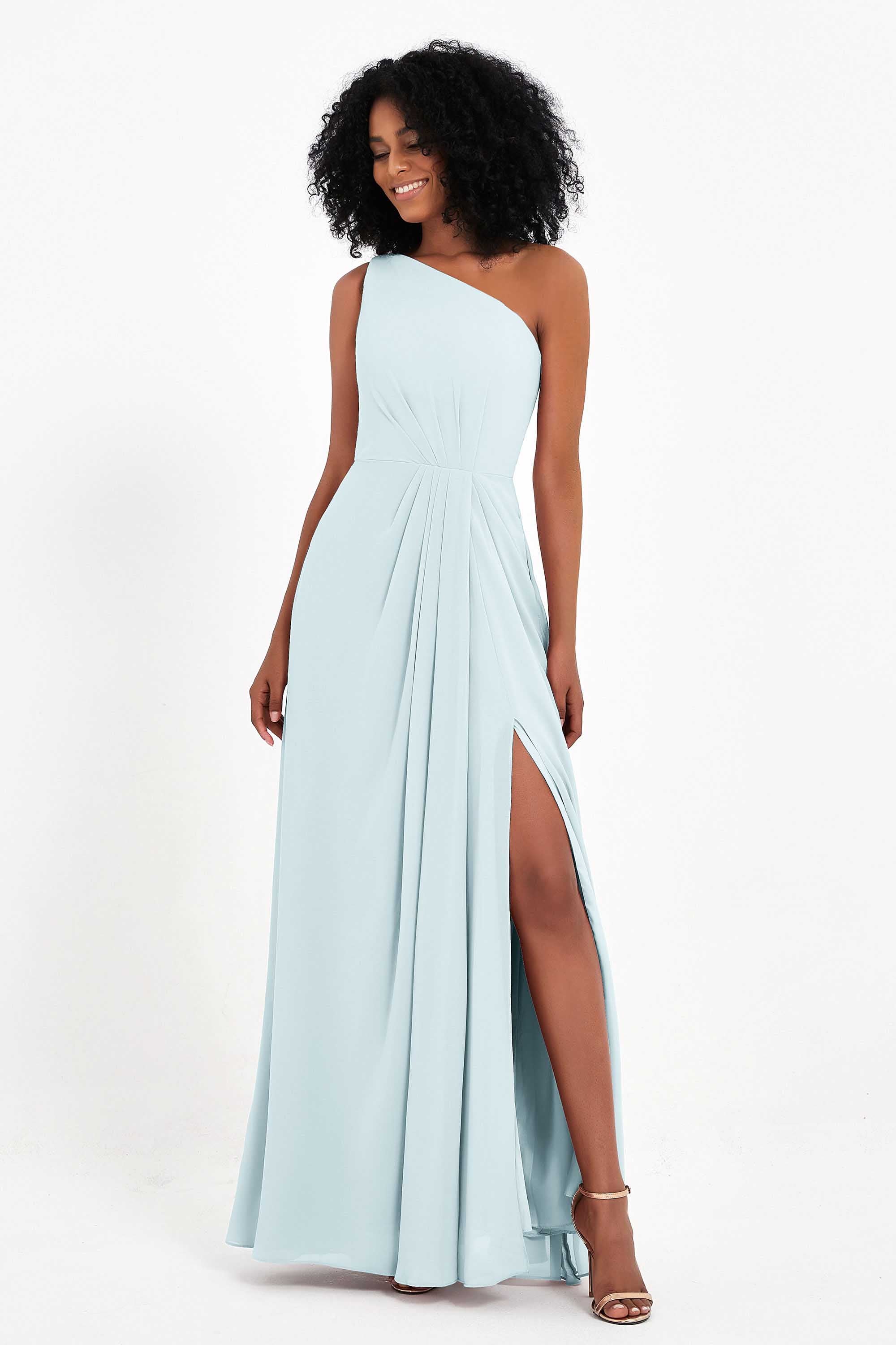 One Shoulder Zipper Chiffon Bridesmaid Dresses with Slit Long Formal Evening Dress Gowns