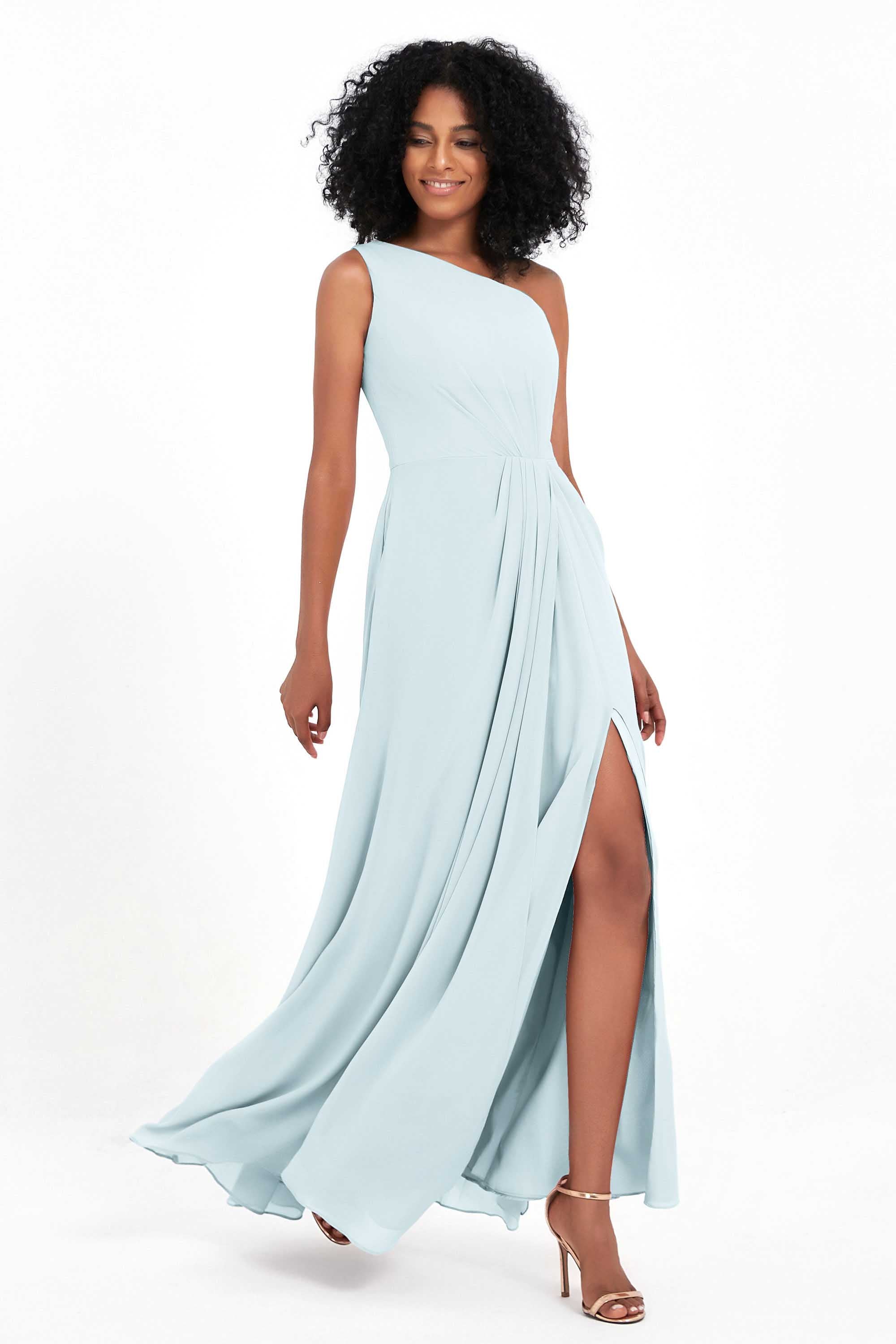 One Shoulder Zipper Chiffon Bridesmaid Dresses with Slit Long Formal Evening Dress Gowns