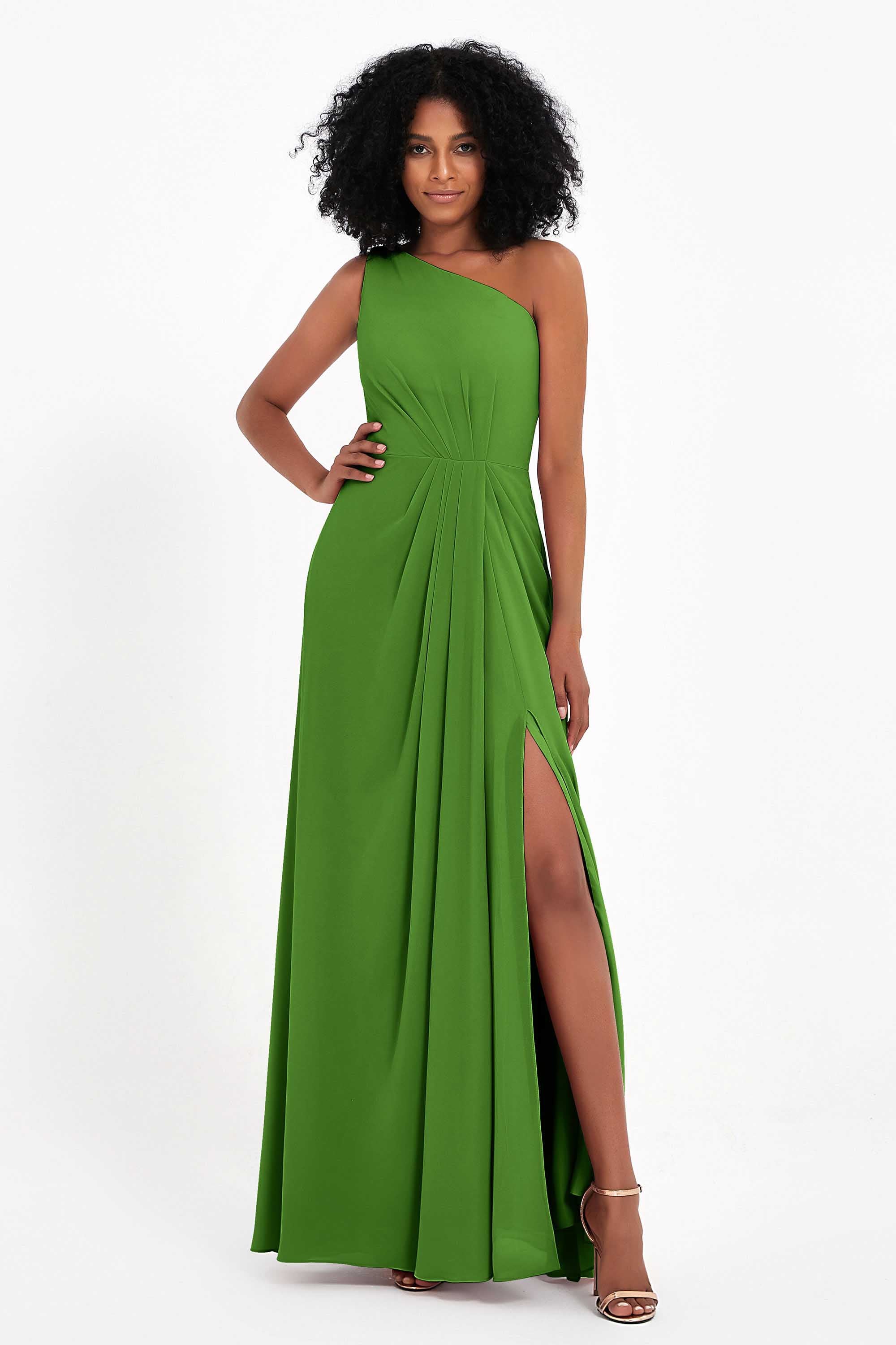 One Shoulder Zipper Chiffon Bridesmaid Dresses with Slit Long Formal Evening Dress Gowns