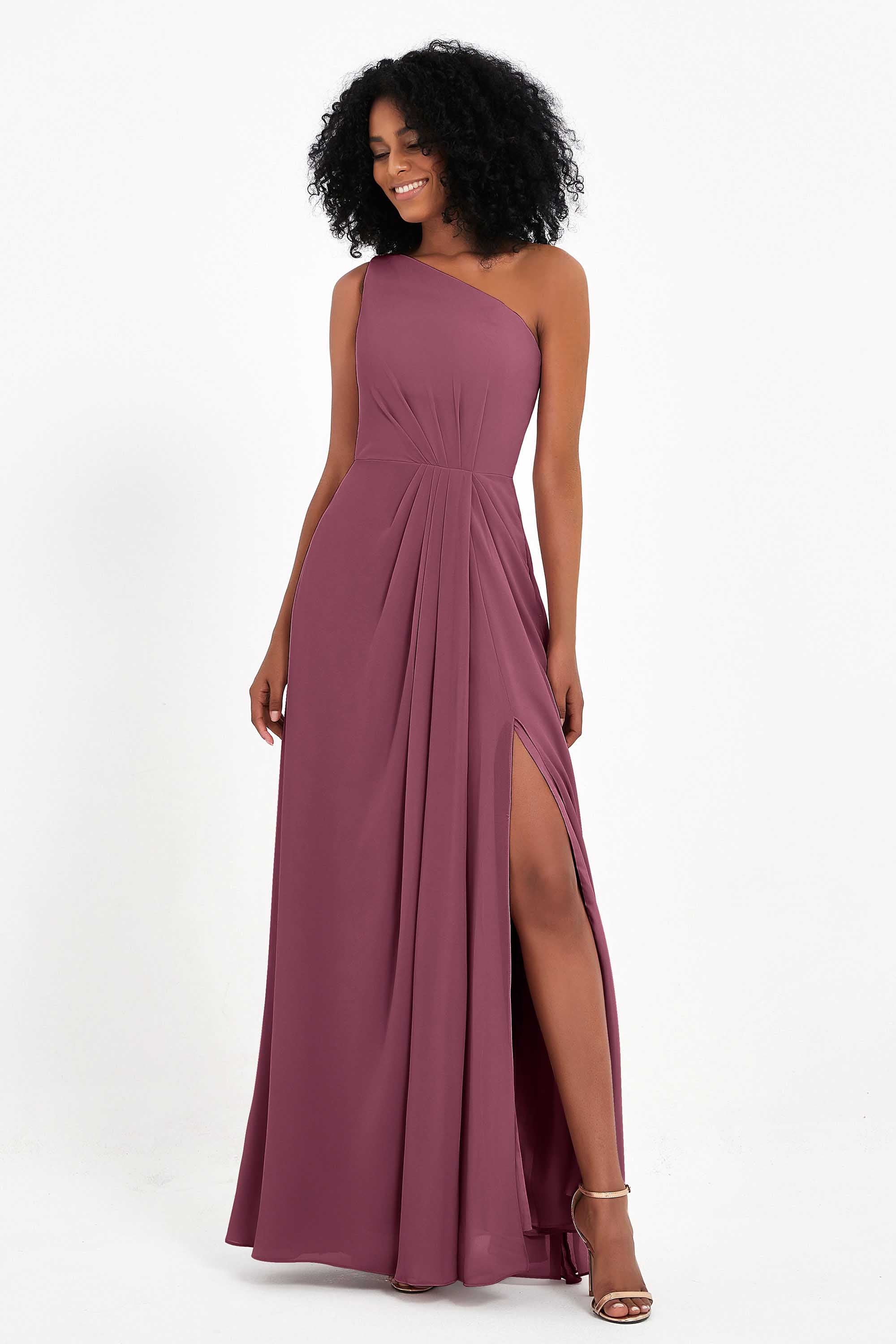 One Shoulder Zipper Chiffon Bridesmaid Dresses with Slit Long Formal Evening Dress Gowns