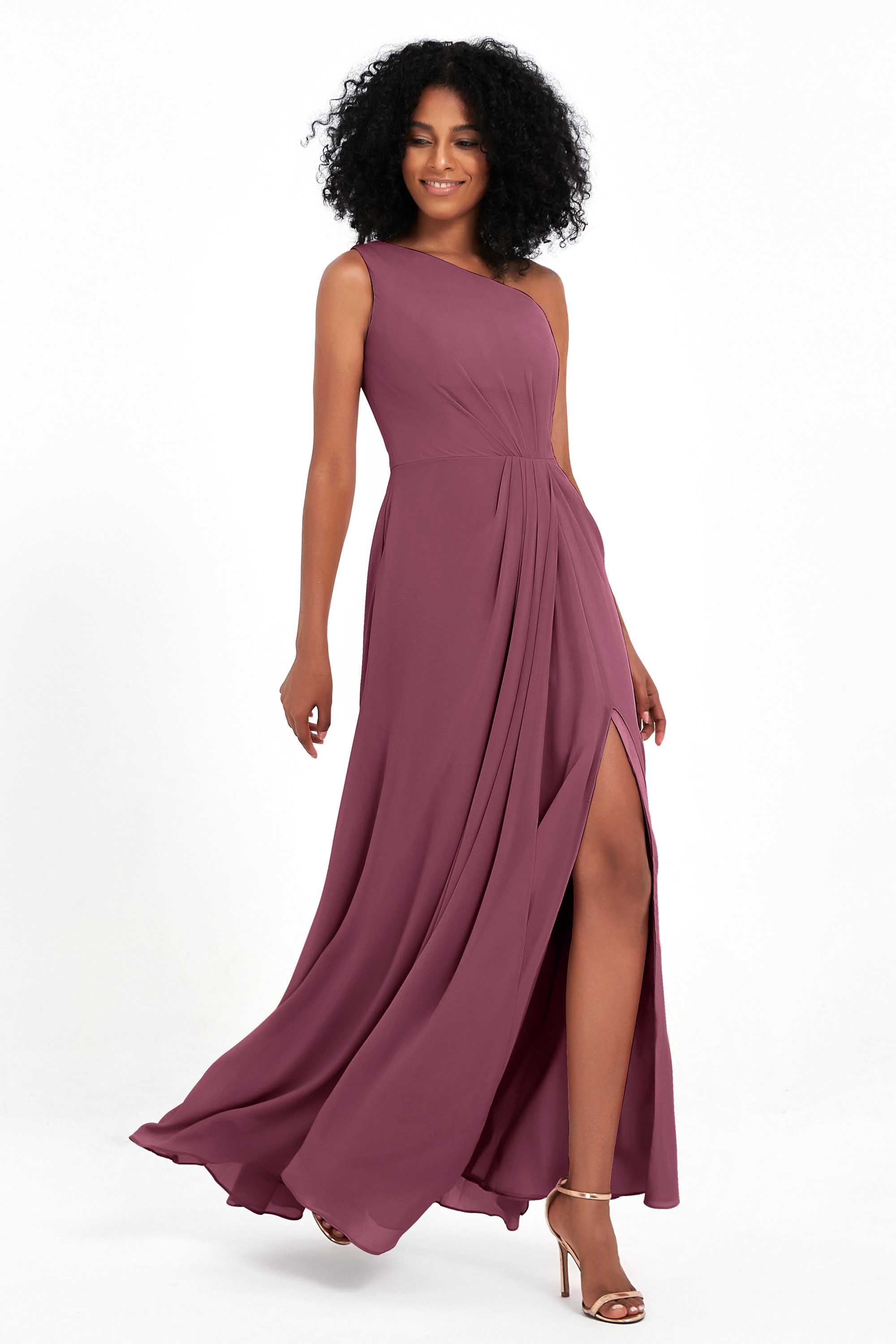 One Shoulder Zipper Chiffon Bridesmaid Dresses with Slit Long Formal Evening Dress Gowns