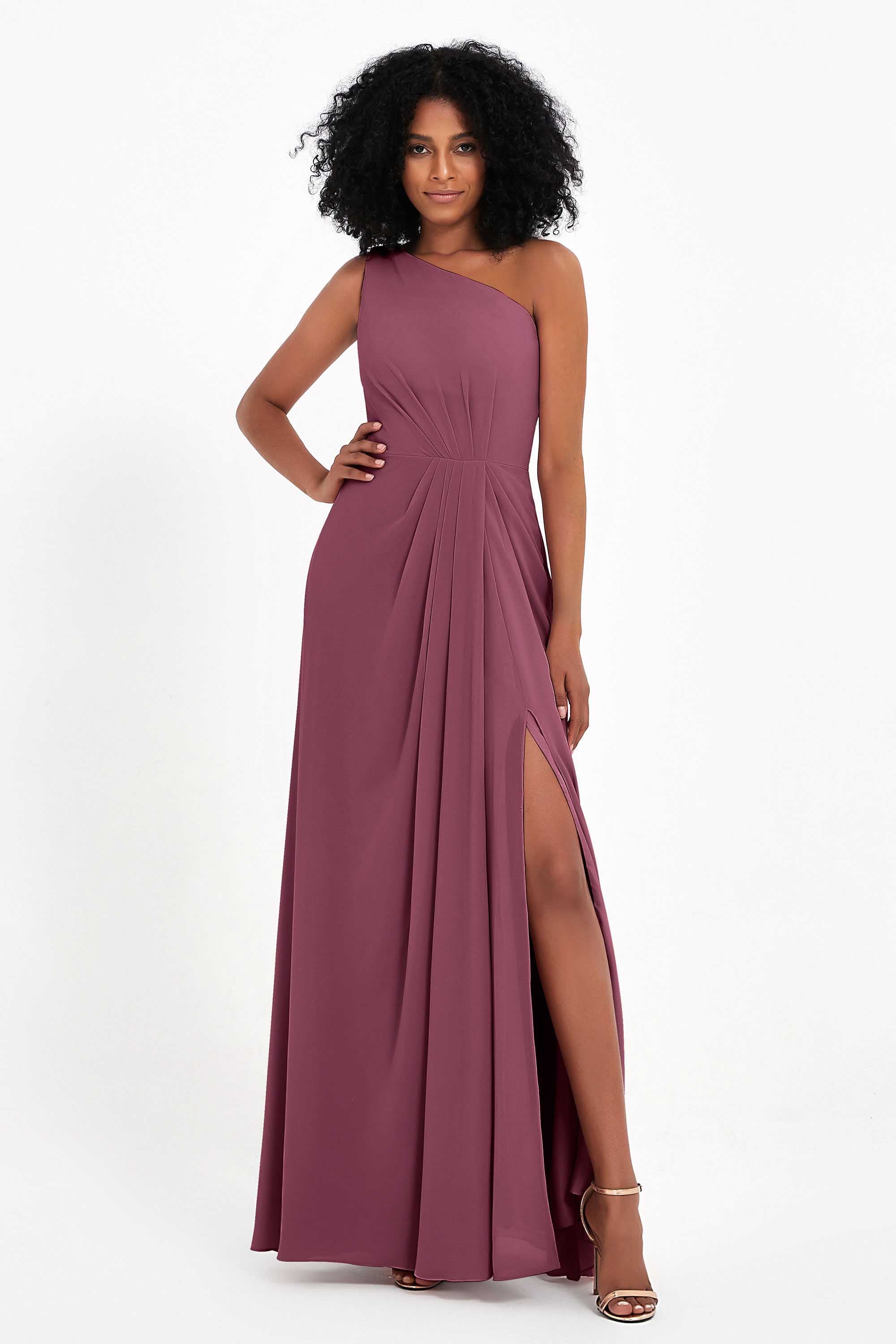 One Shoulder Zipper Chiffon Bridesmaid Dresses with Slit Long Formal Evening Dress Gowns