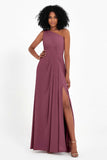 One Shoulder Zipper Chiffon Bridesmaid Dresses with Slit Long Formal Evening Dress Gowns