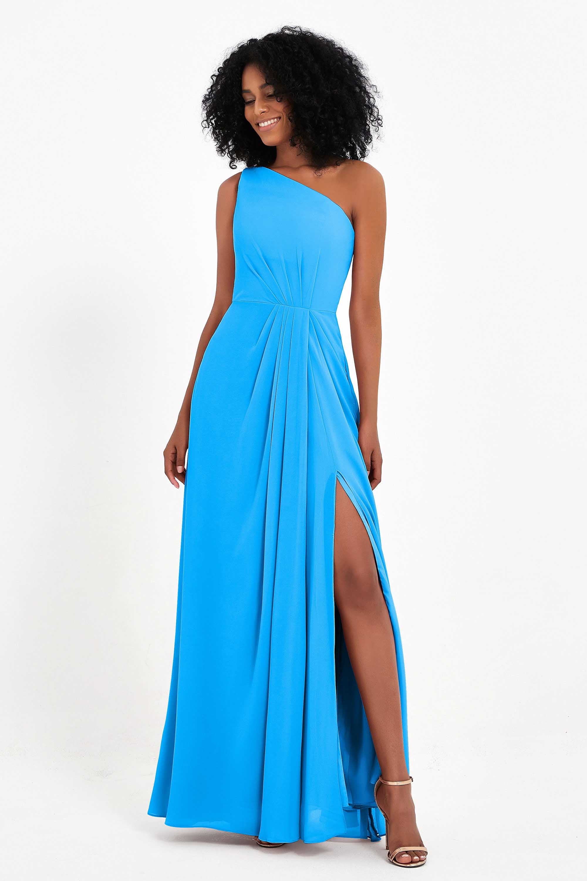 One Shoulder Zipper Chiffon Bridesmaid Dresses with Slit Long Formal Evening Dress Gowns