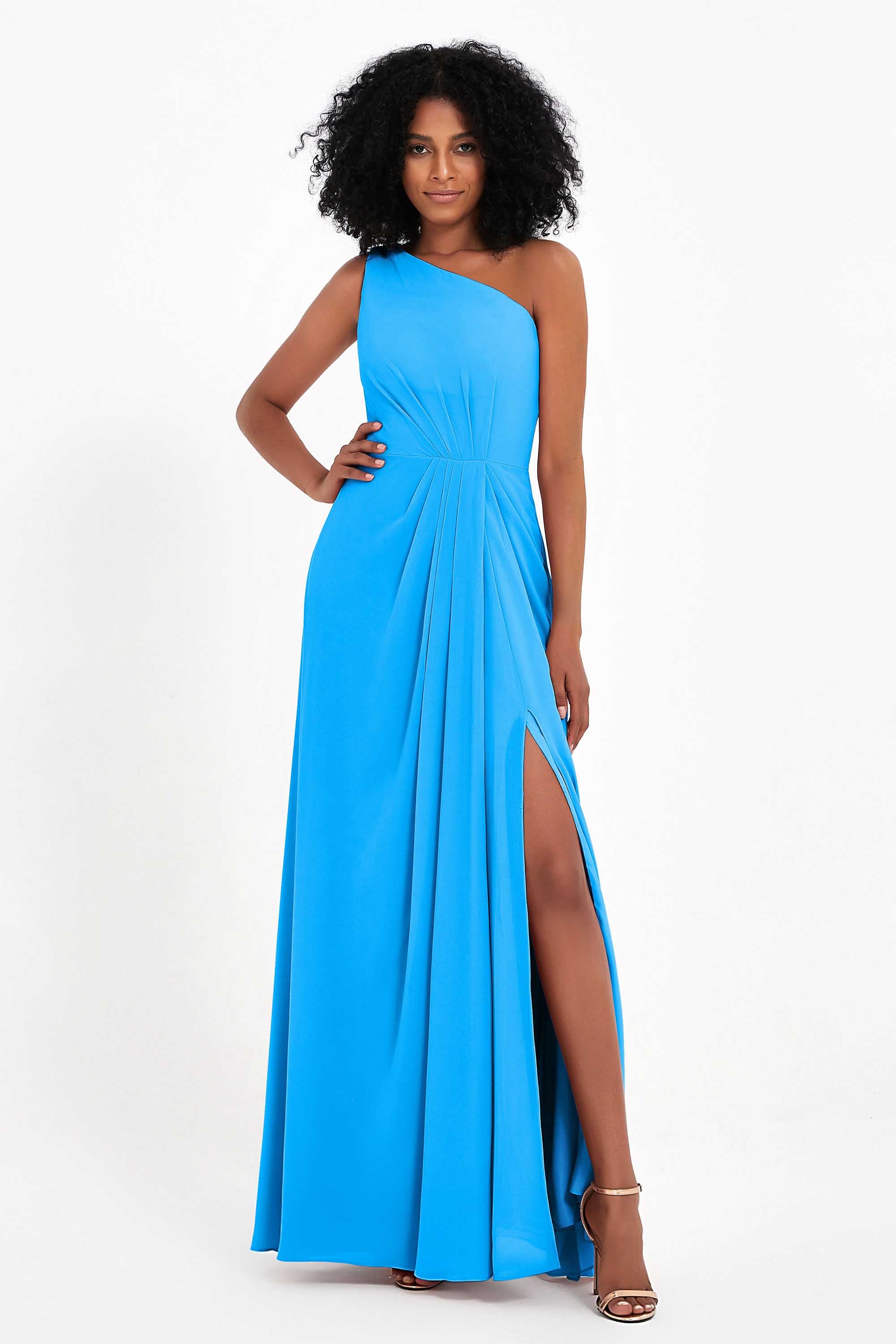 One Shoulder Zipper Chiffon Bridesmaid Dresses with Slit Long Formal Evening Dress Gowns