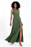 One Shoulder Zipper Chiffon Bridesmaid Dresses with Slit Long Formal Evening Dress Gowns