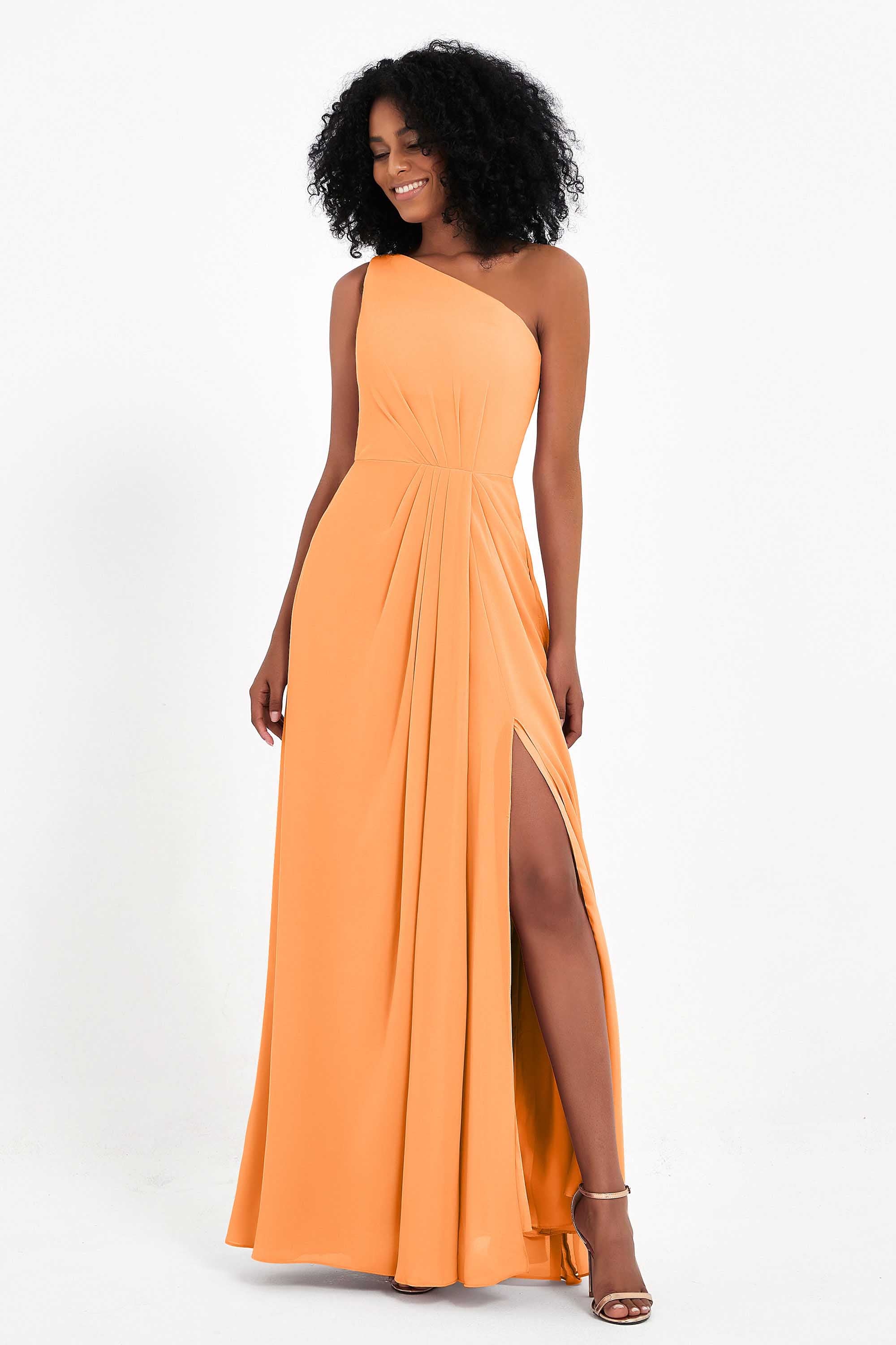 One Shoulder Zipper Chiffon Bridesmaid Dresses with Slit Long Formal Evening Dress Gowns