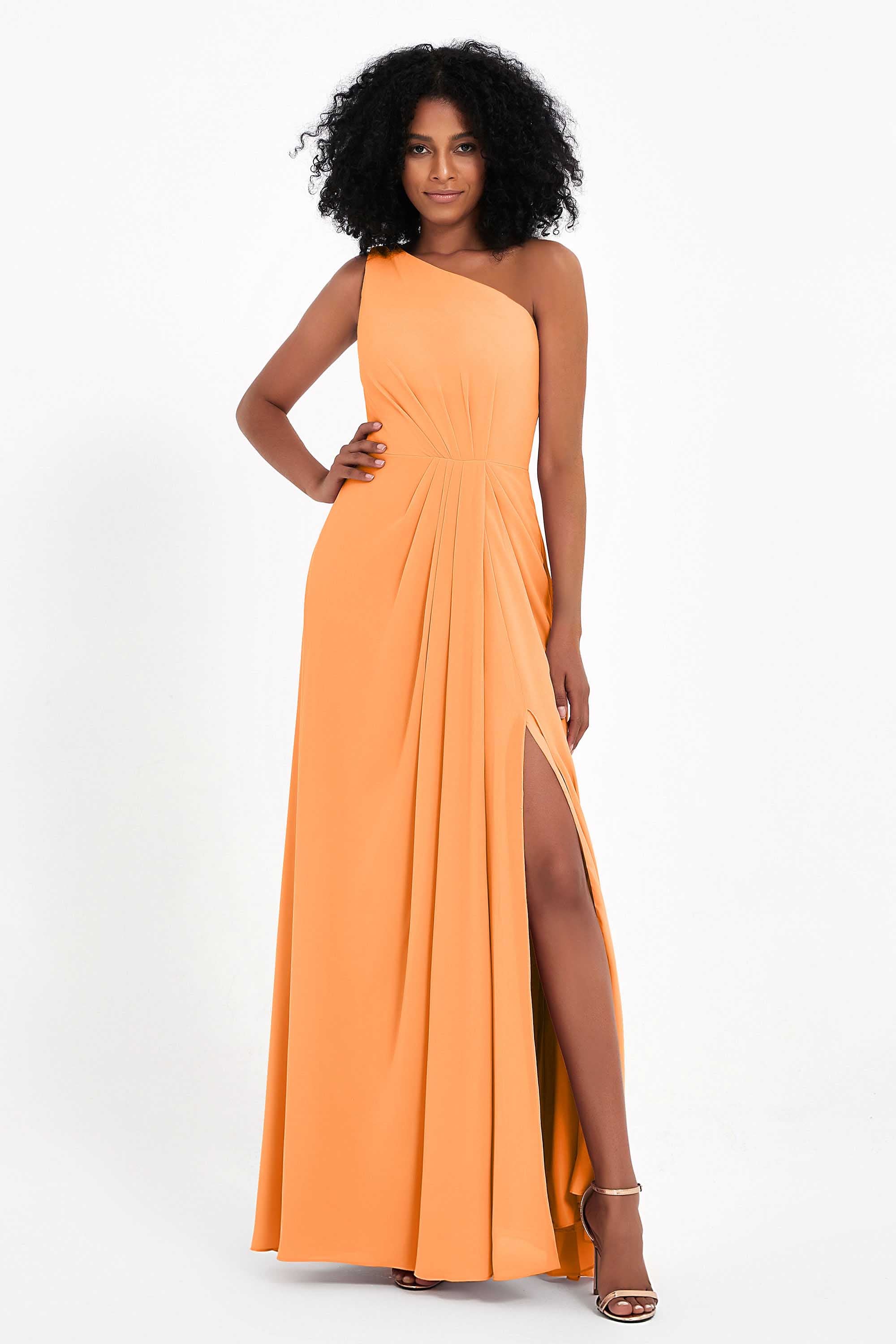 One Shoulder Zipper Chiffon Bridesmaid Dresses with Slit Long Formal Evening Dress Gowns