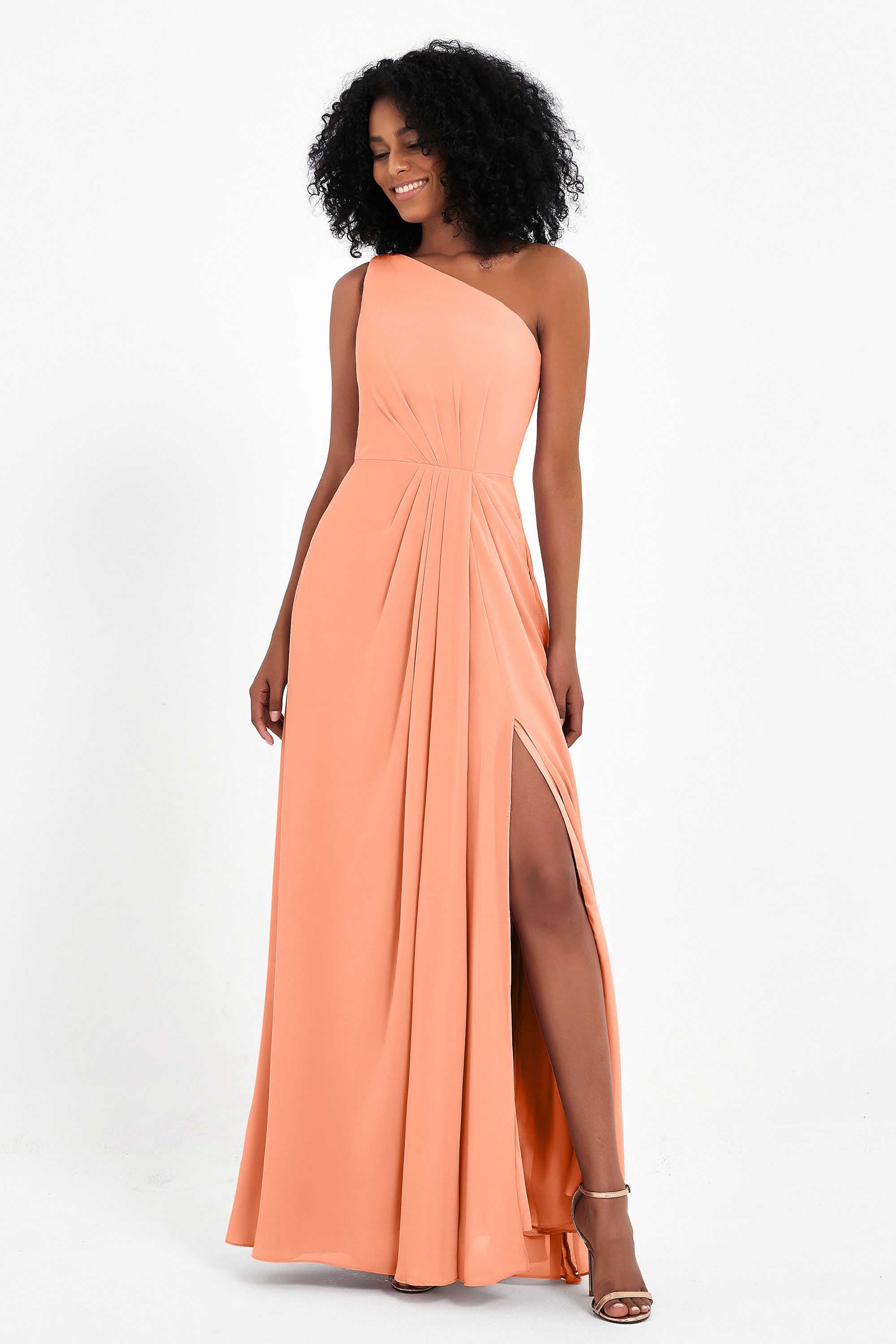 One Shoulder Zipper Chiffon Bridesmaid Dresses with Slit Long Formal Evening Dress Gowns