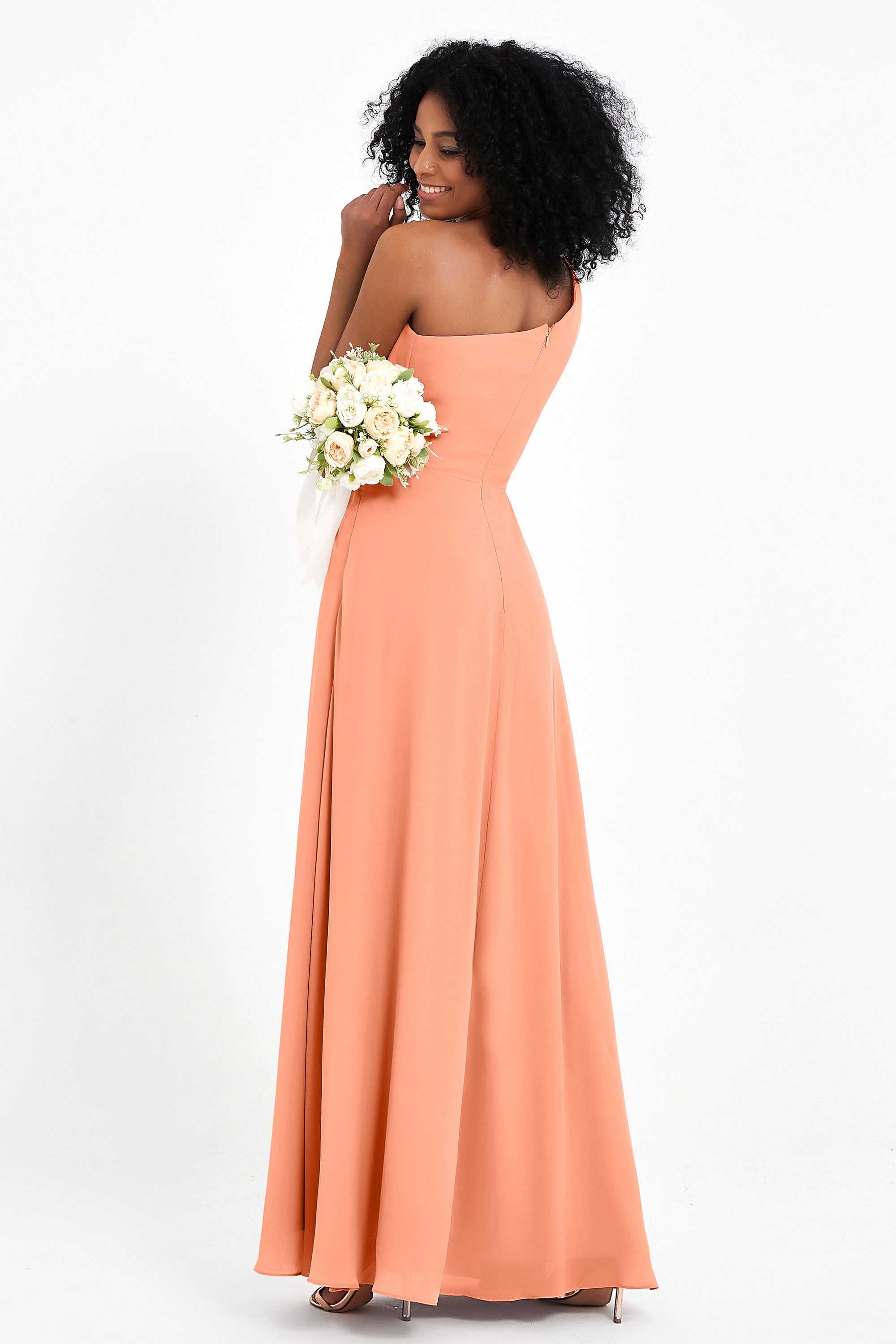 One Shoulder Zipper Chiffon Bridesmaid Dresses with Slit Long Formal Evening Dress Gowns