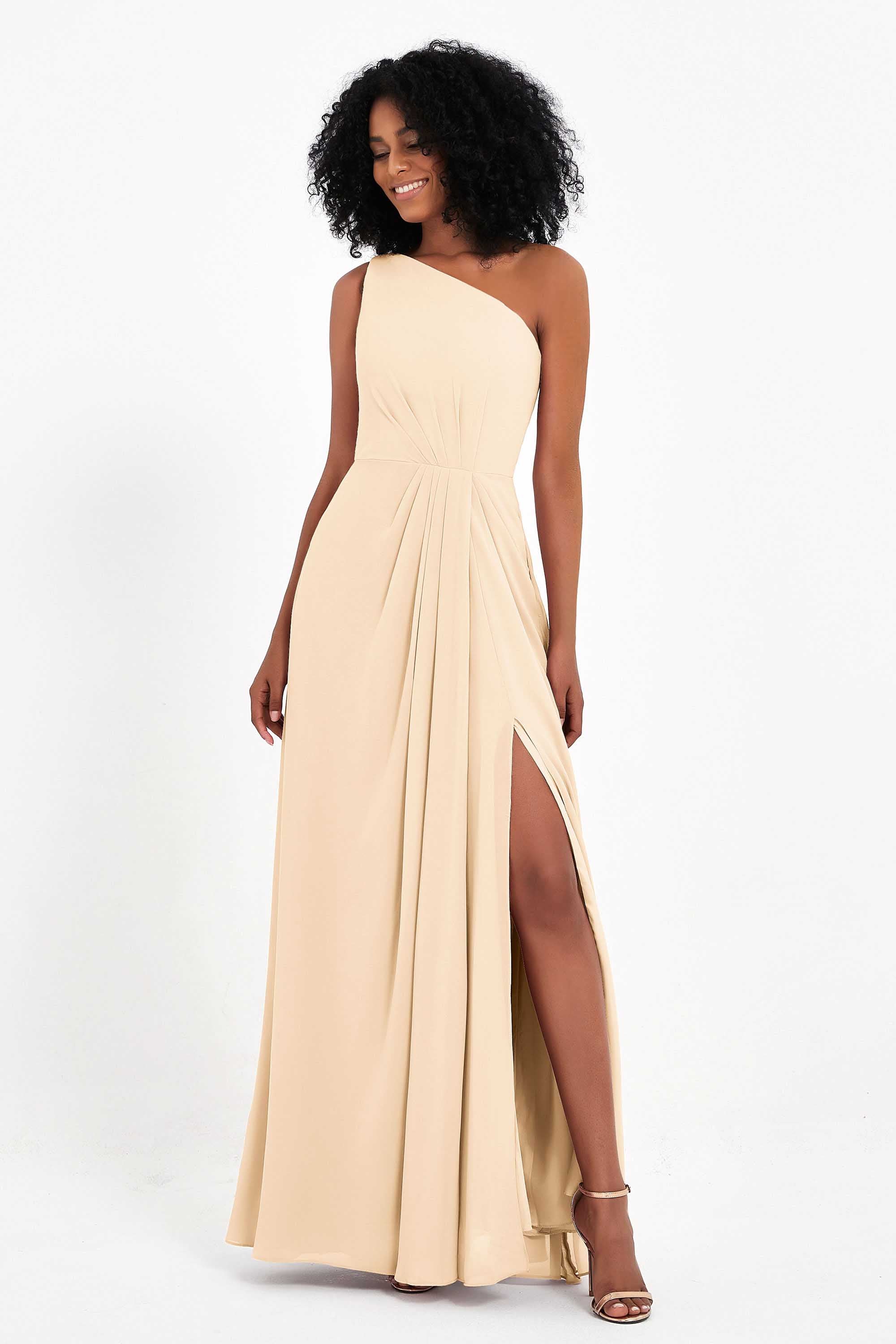 One Shoulder Zipper Chiffon Bridesmaid Dresses with Slit Long Formal Evening Dress Gowns
