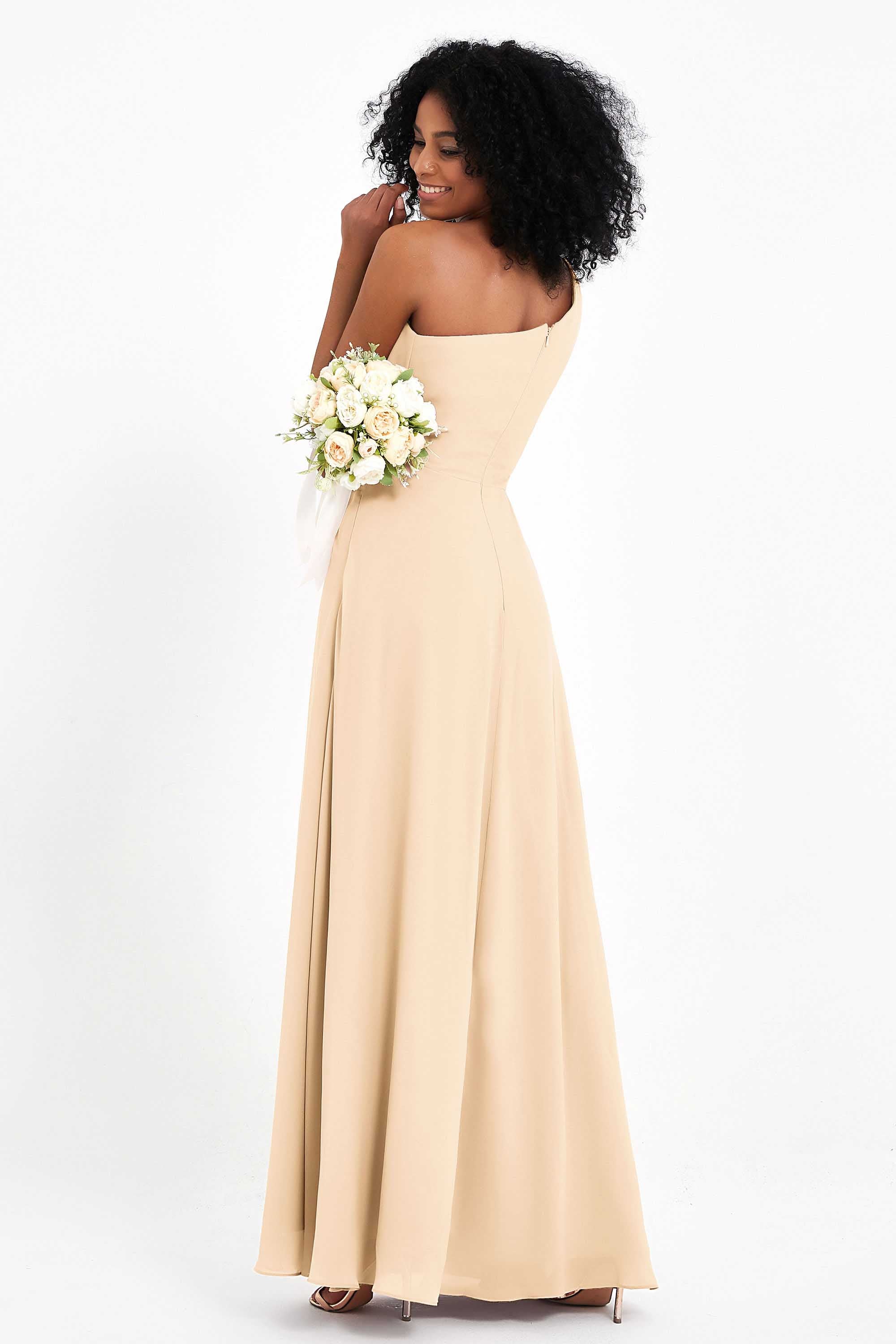 One Shoulder Zipper Chiffon Bridesmaid Dresses with Slit Long Formal Evening Dress Gowns